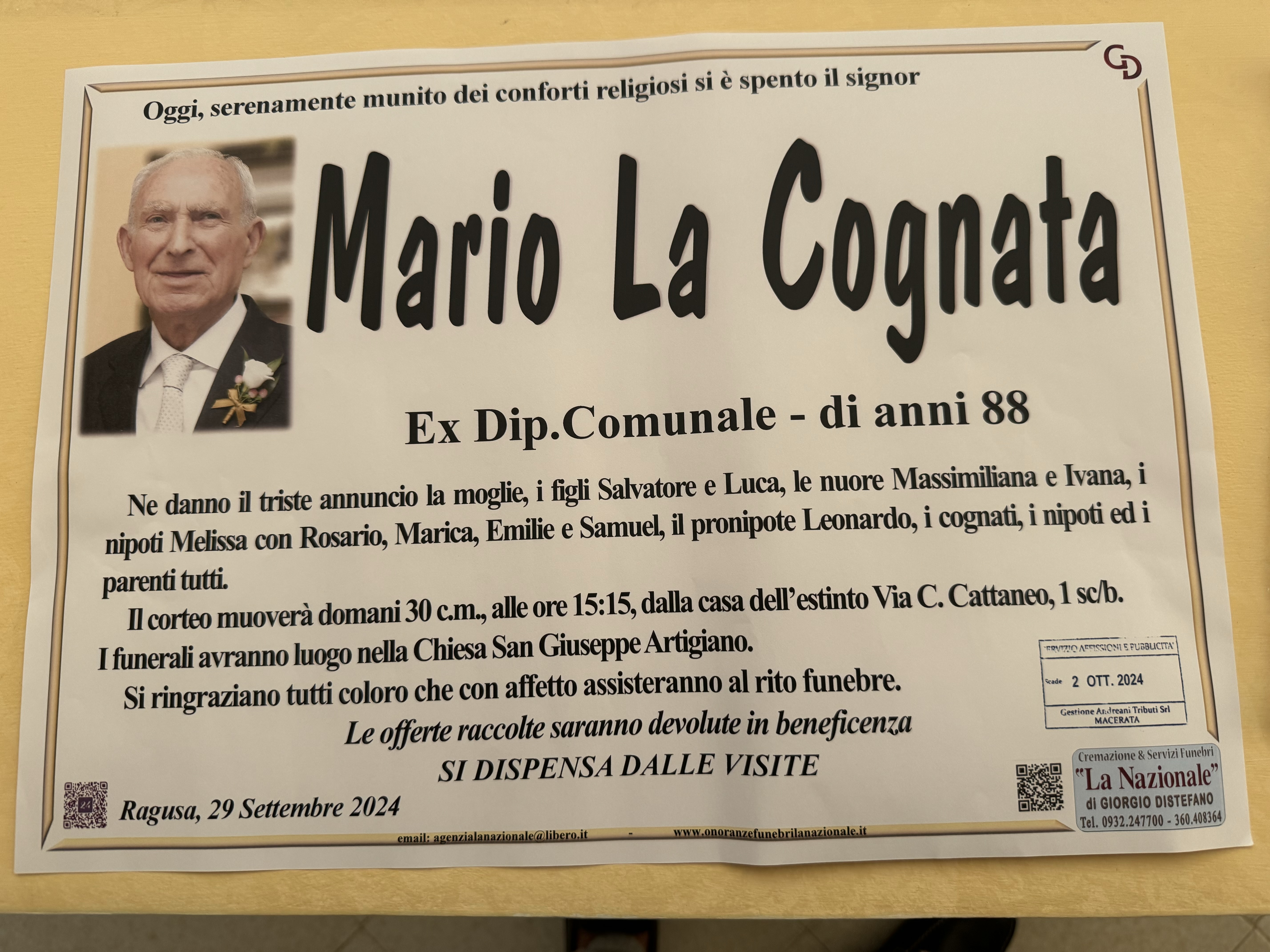 Necrologi: Mario La Cognata