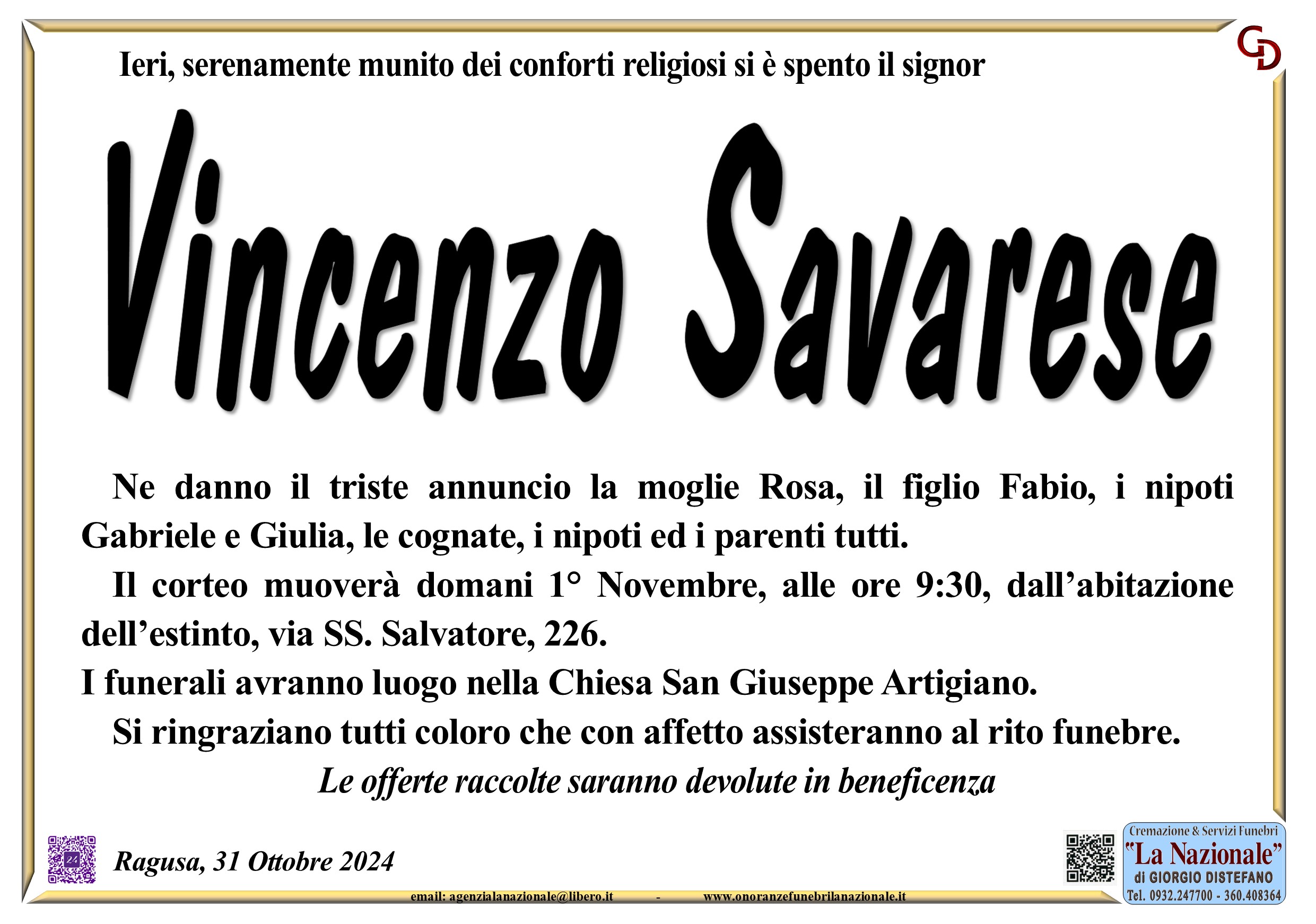 Necrologi: Vincenzo Savarese
