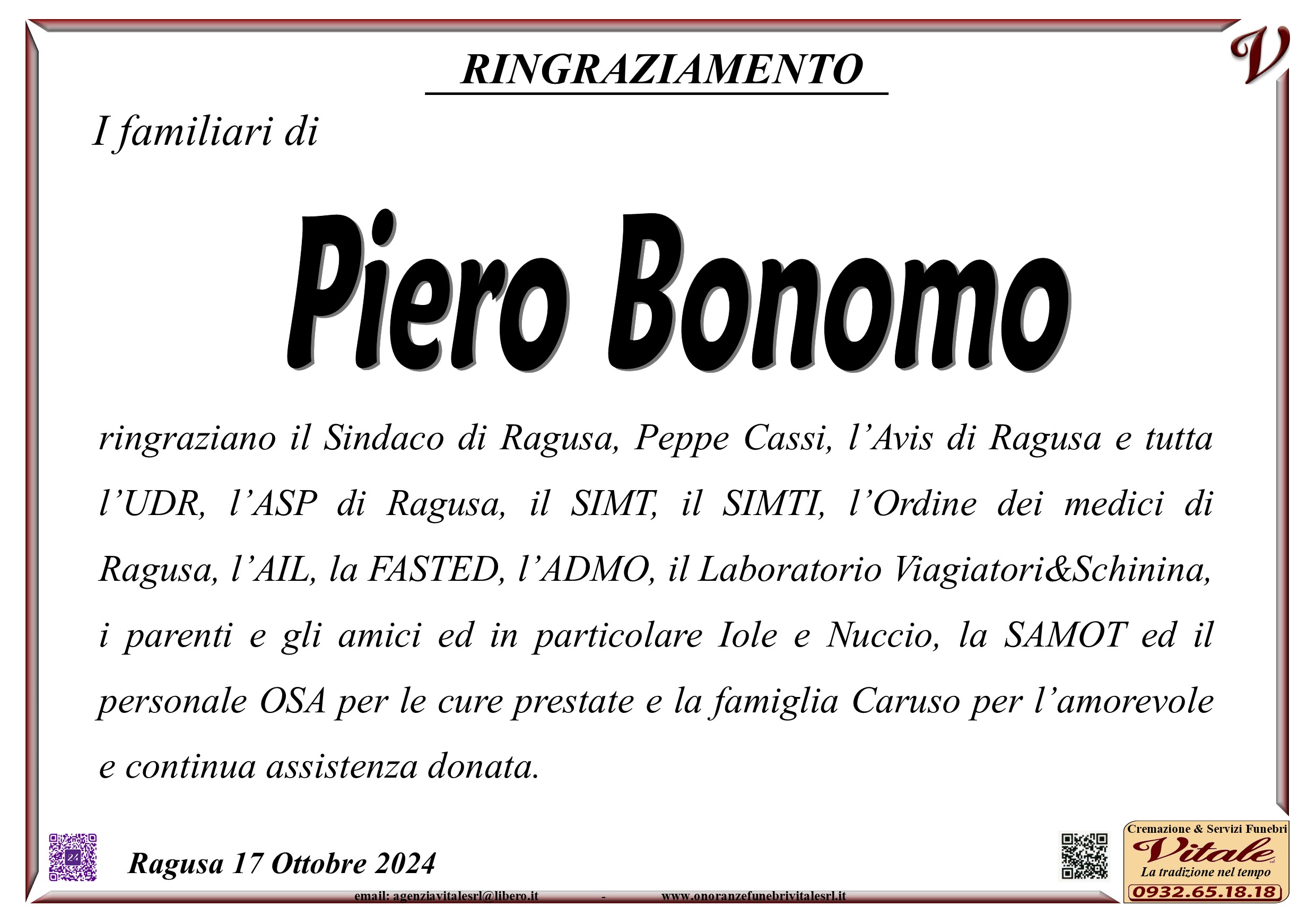 Ringraziamento: famiglia Bonomo