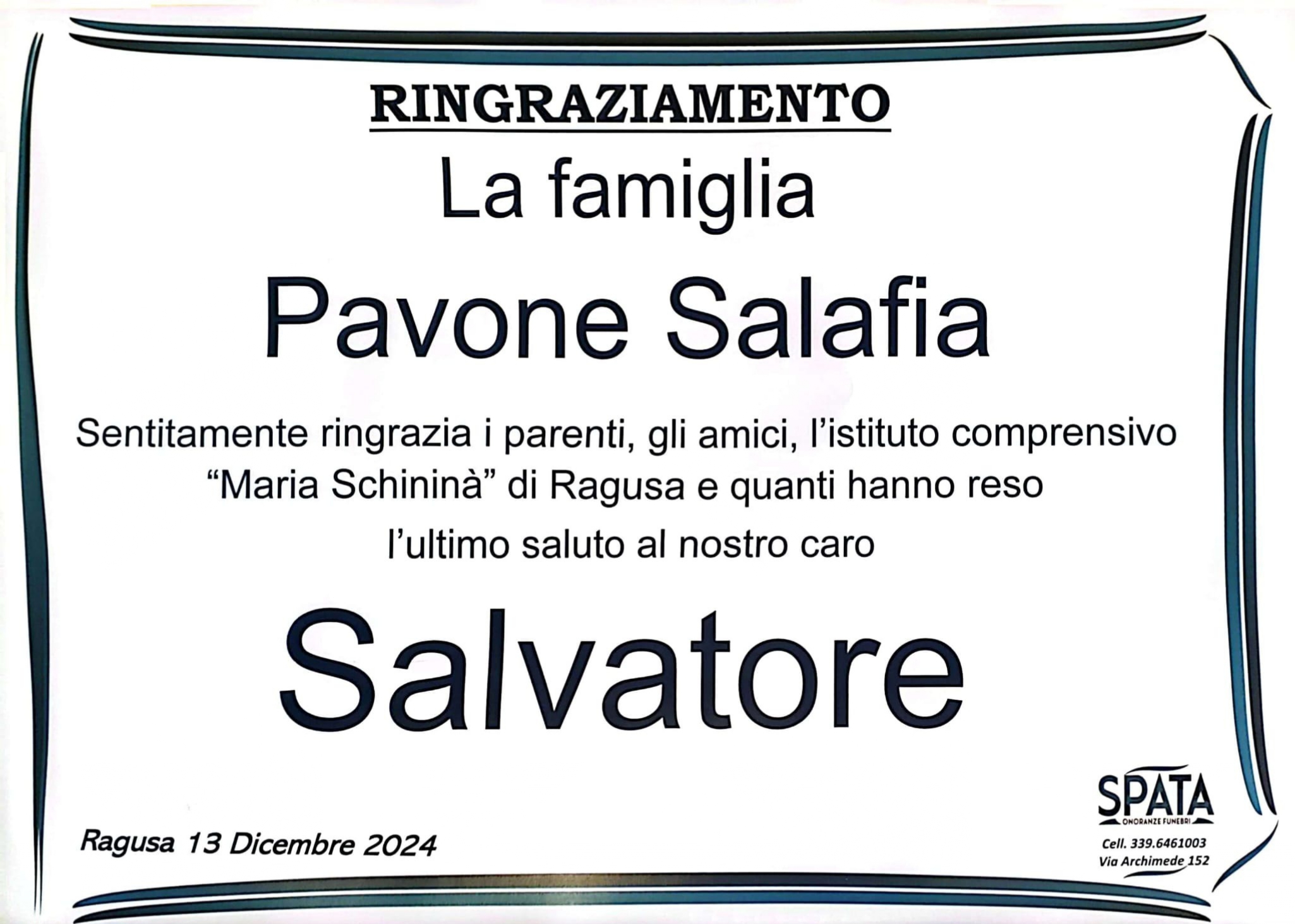Ringraziamento: famiglia Pavone-Salafia