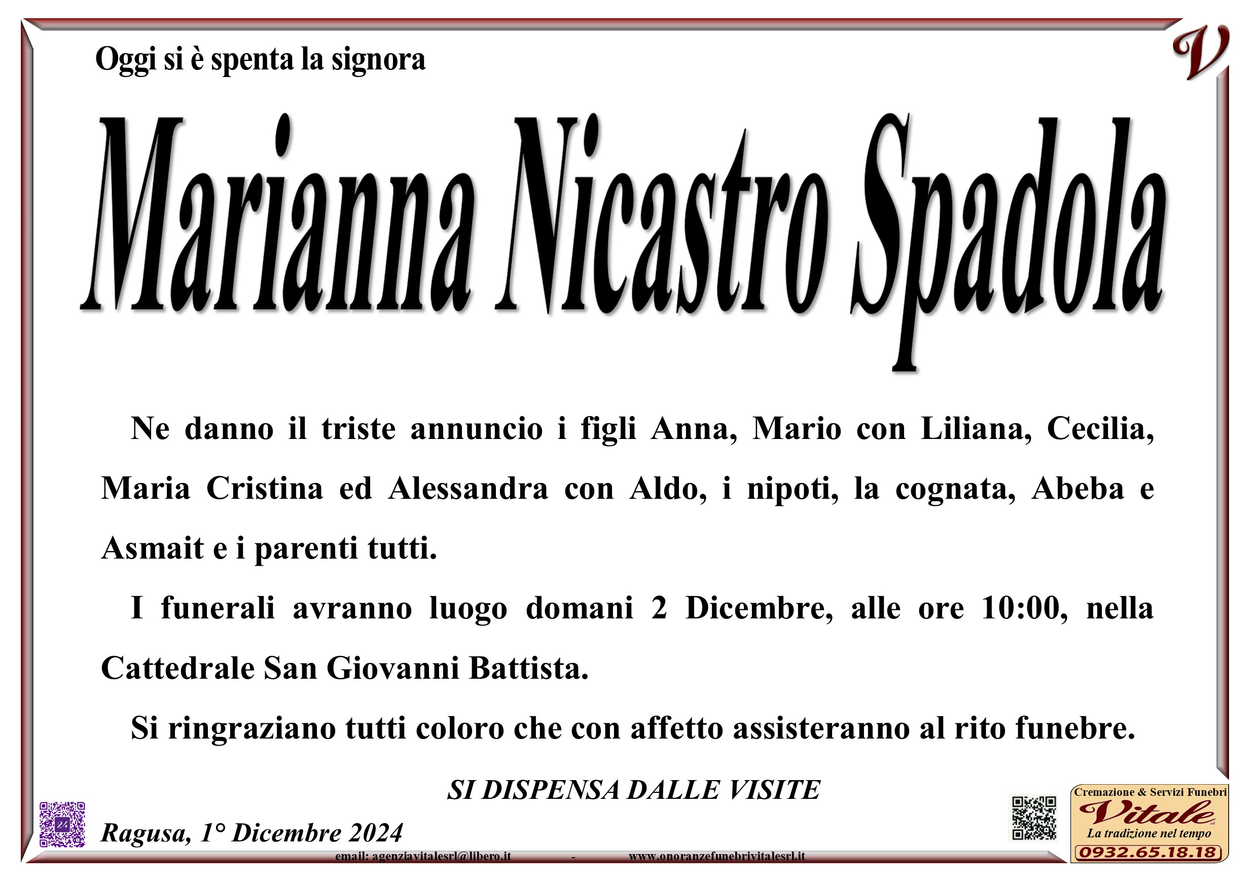Necrologi: Marianna Nicastro Spadola