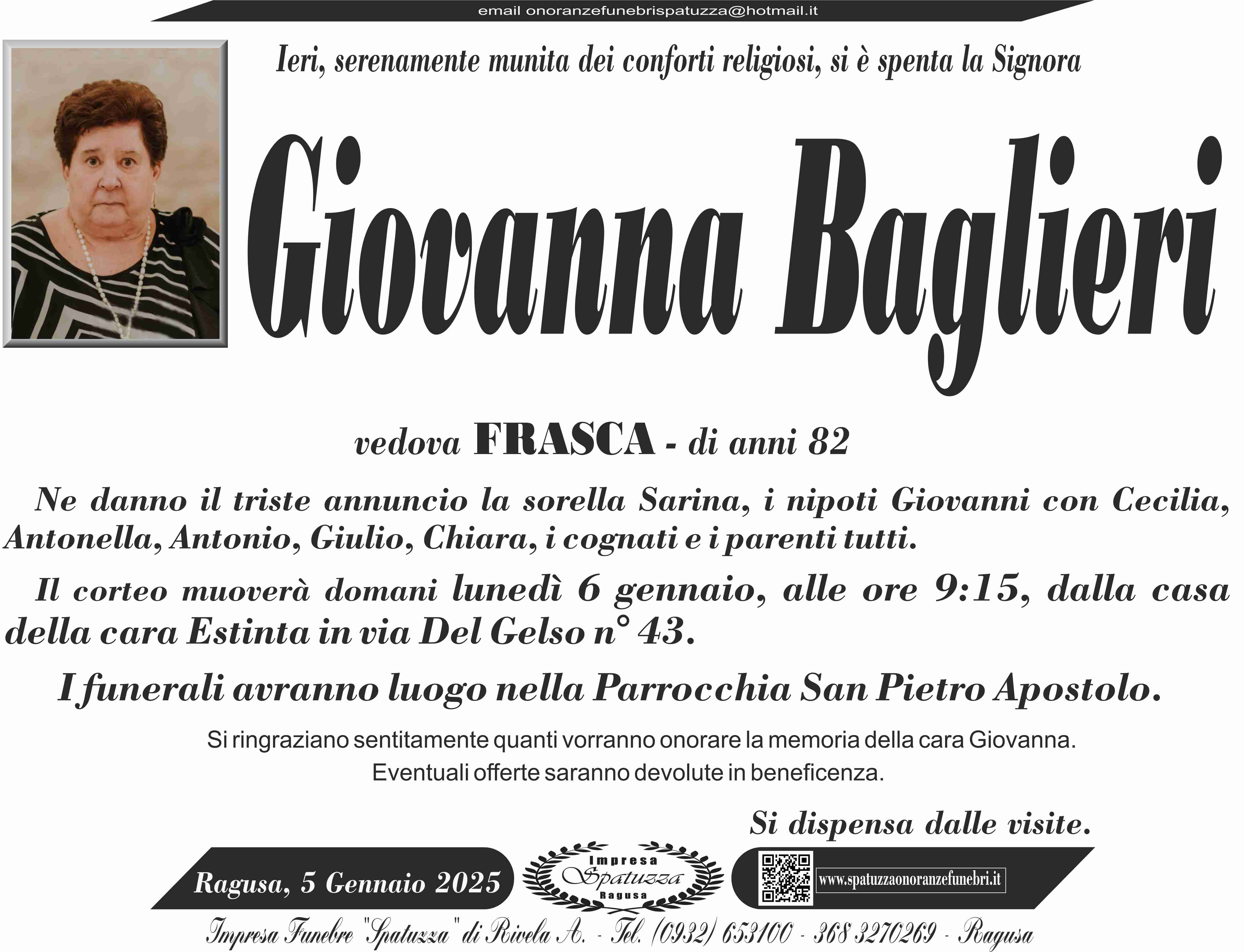 Necrologi: E’ deceduta Giovanna Baglieri