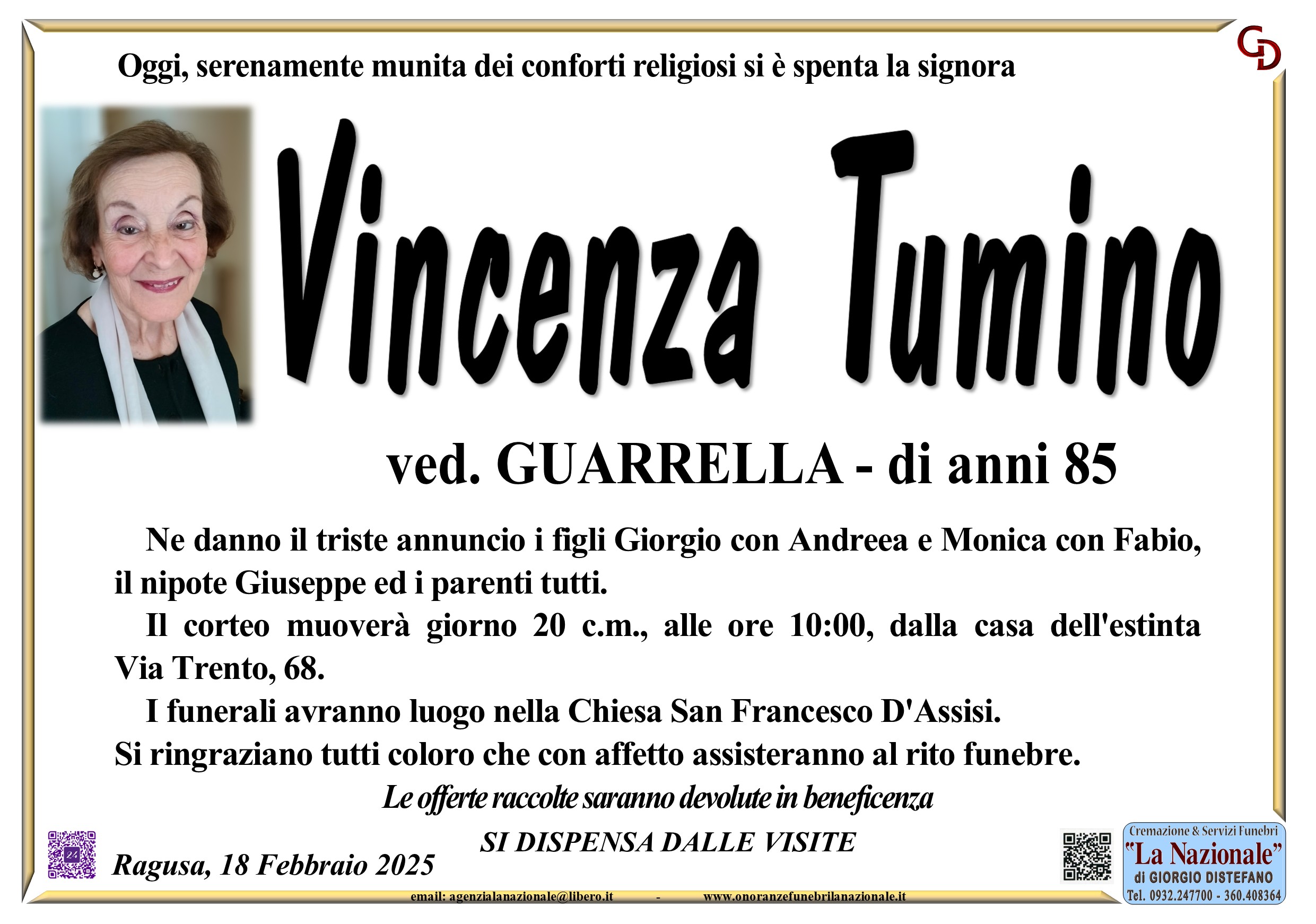 Necrologi: e’ deceduta Vincenza Tumino