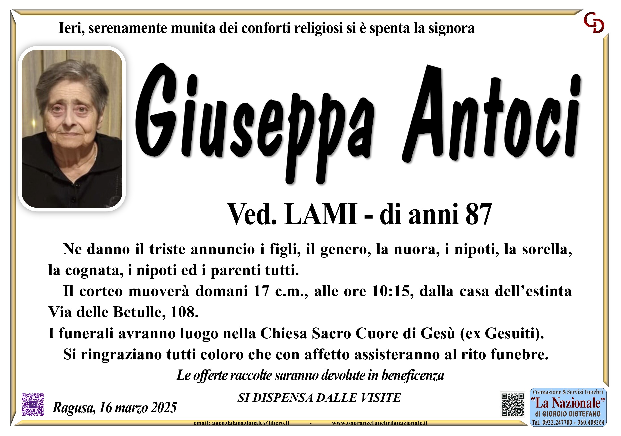 Necrologi: è deceduta Giuseppa Antoci