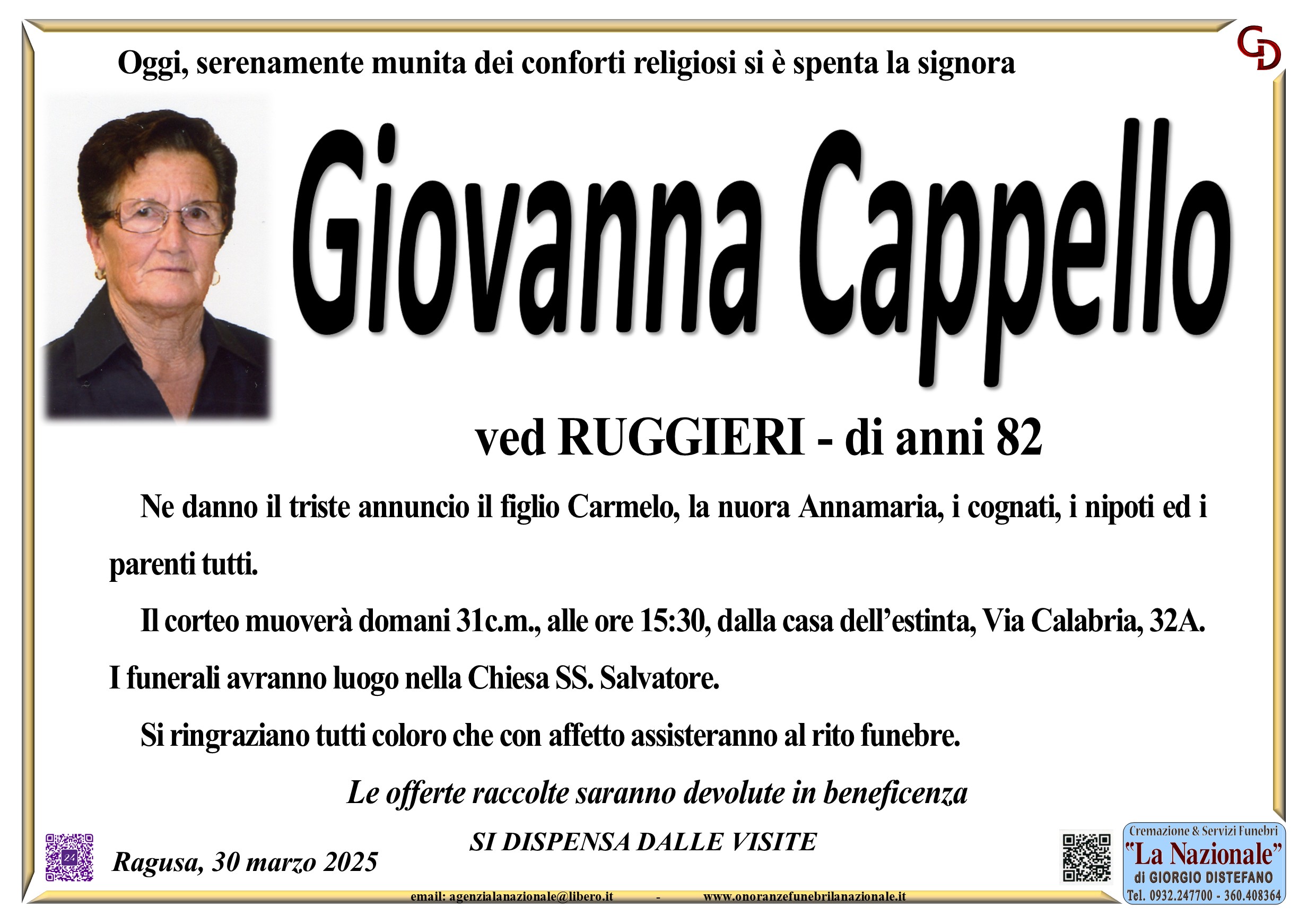 Necrologi: E’ deceduta Giovanna  Cappello