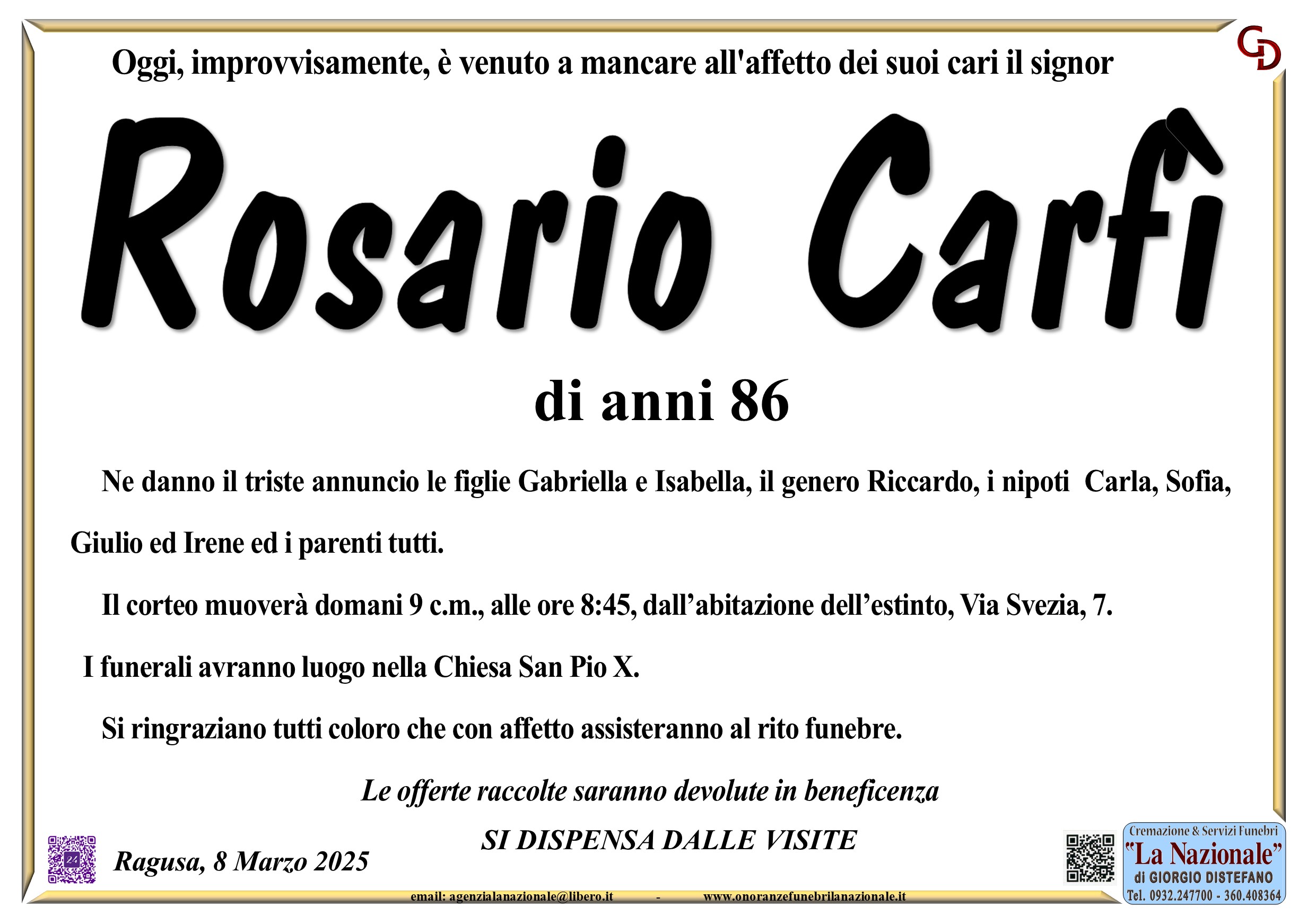 Necrologi: E’ deceduto Rosario Carfì