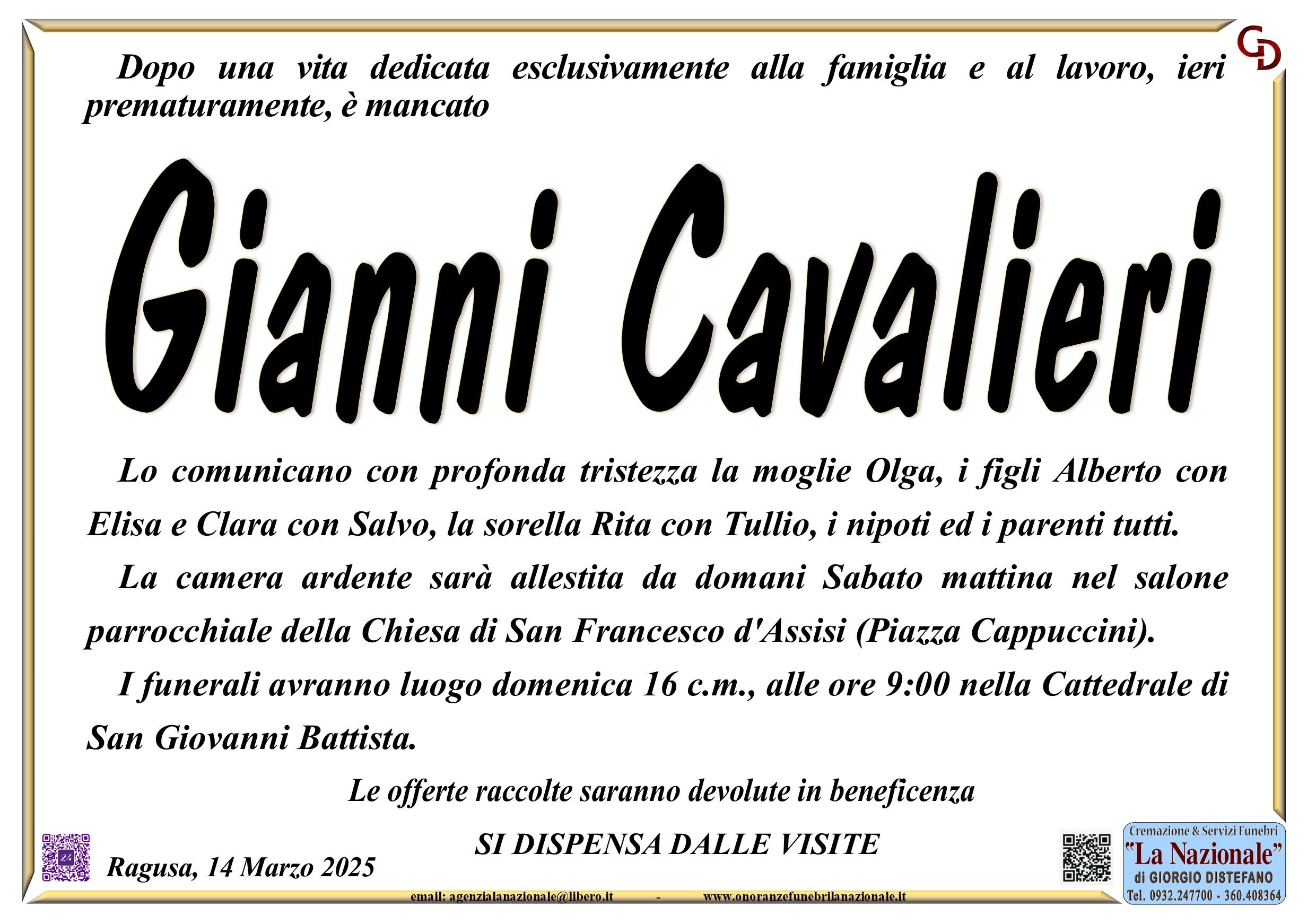 È morto Gianni Cavalieri
