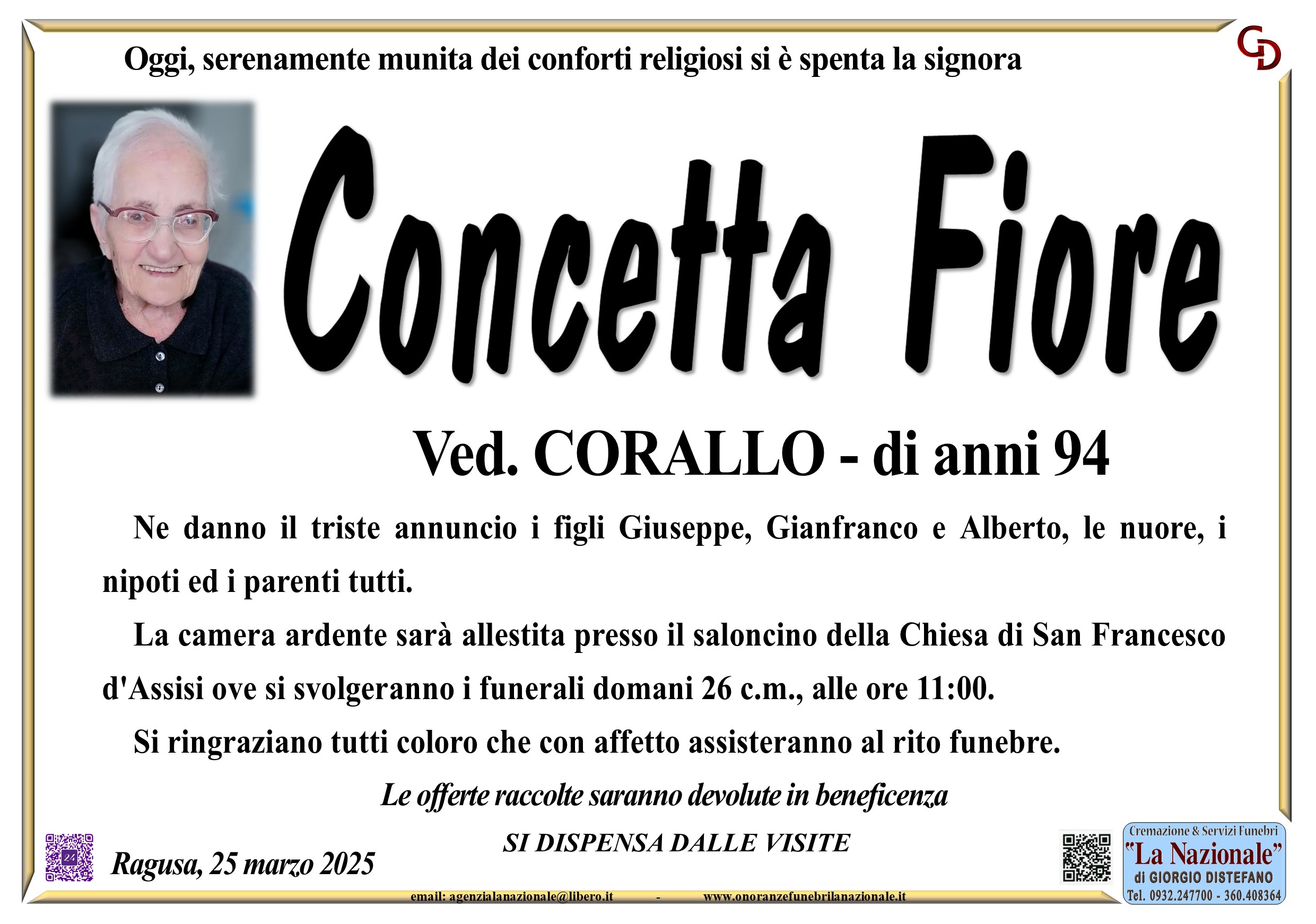 Necrologi: E’ deceduta Concetta Fiore