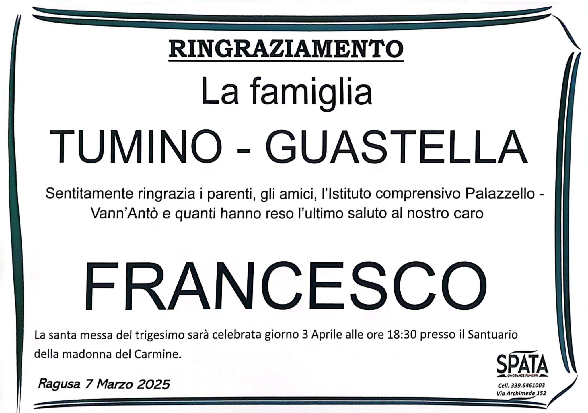 Ringraziamento: famiglia Tumino-Guastella