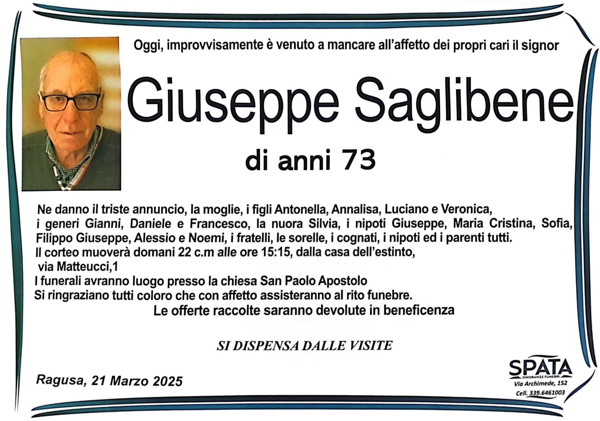 Necrologi: Giuseppe Saglibene