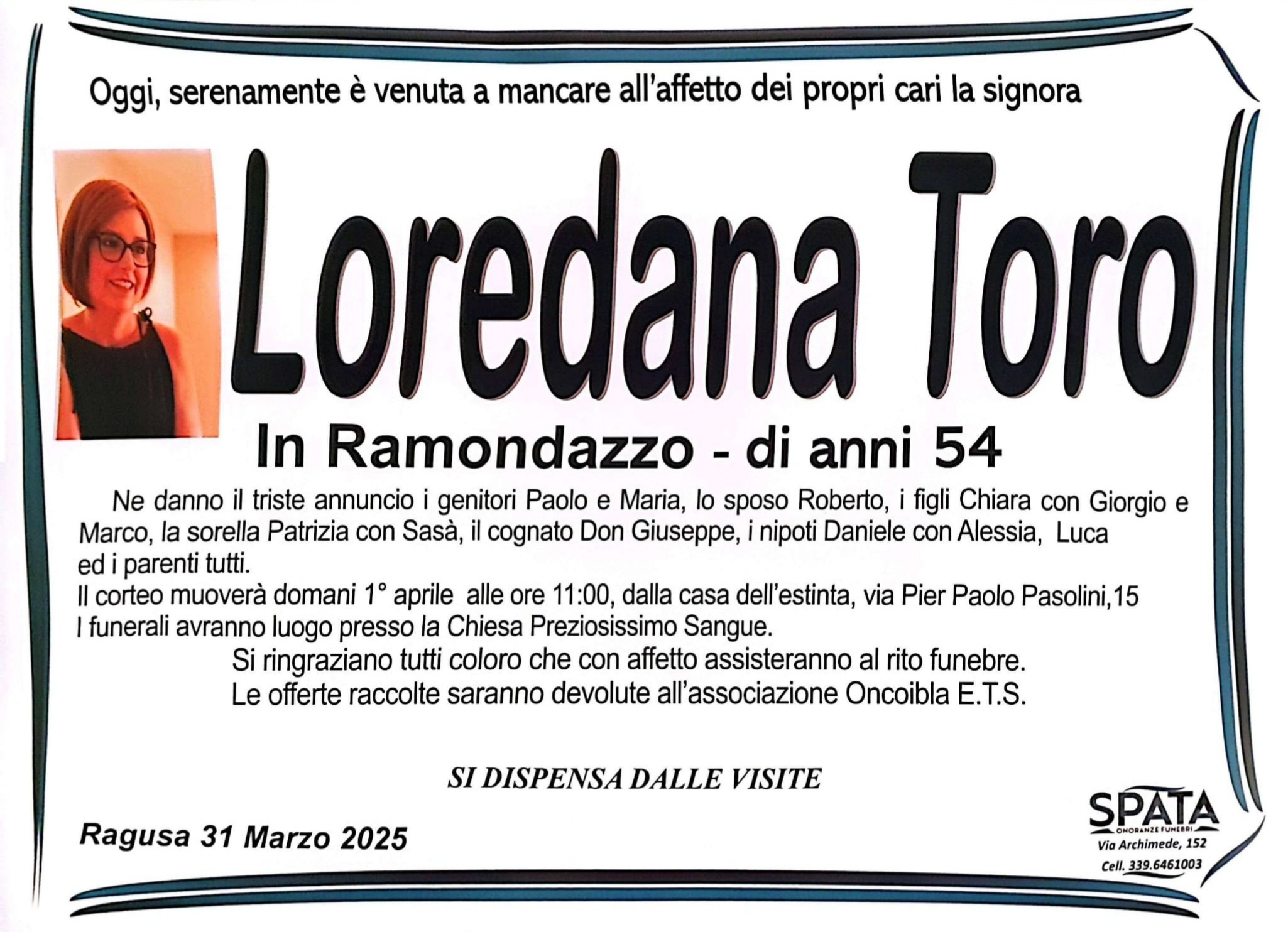 Necrologi: E’ deceduta Loredana Toro