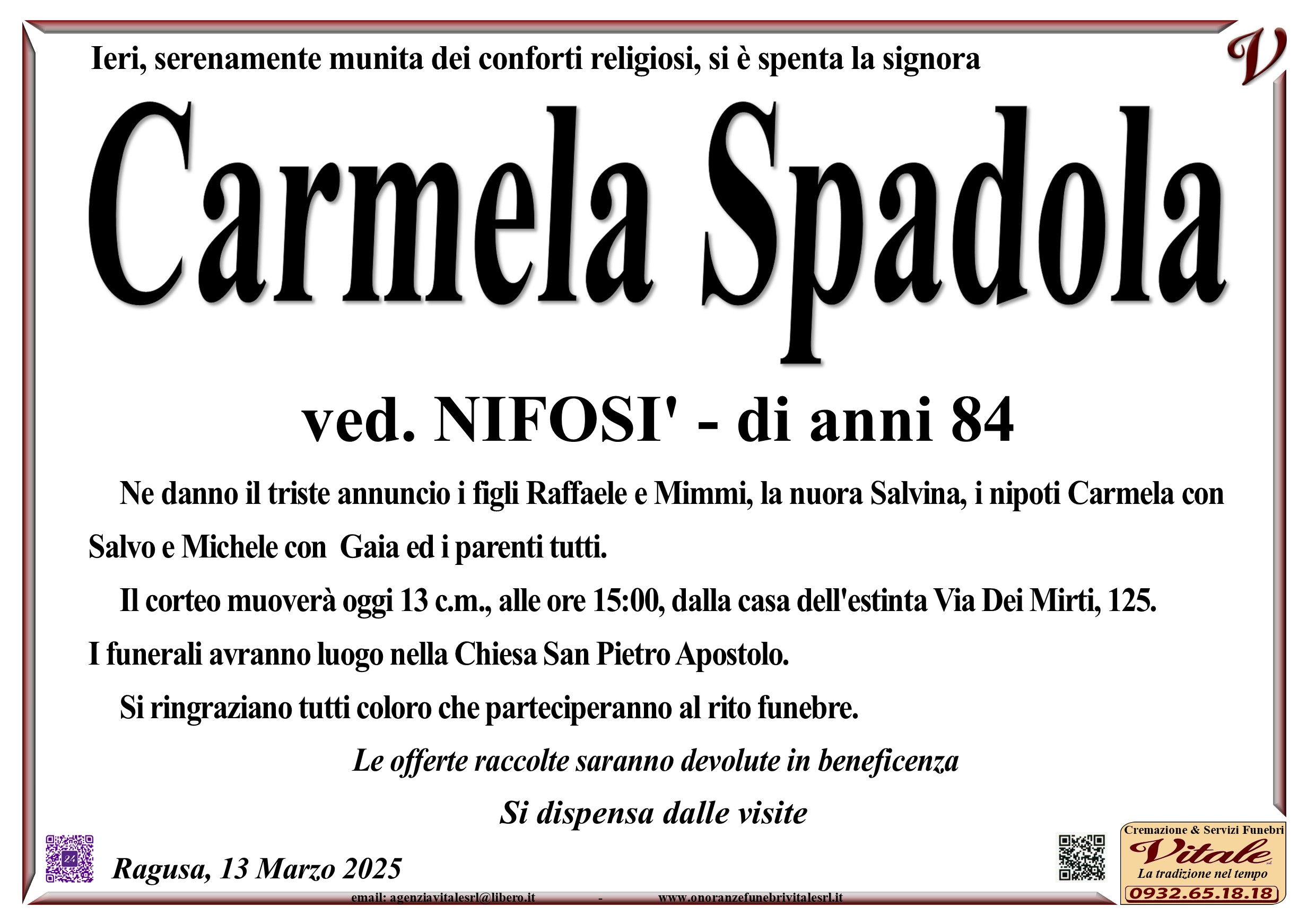 Necrologi: Carmela Spadola