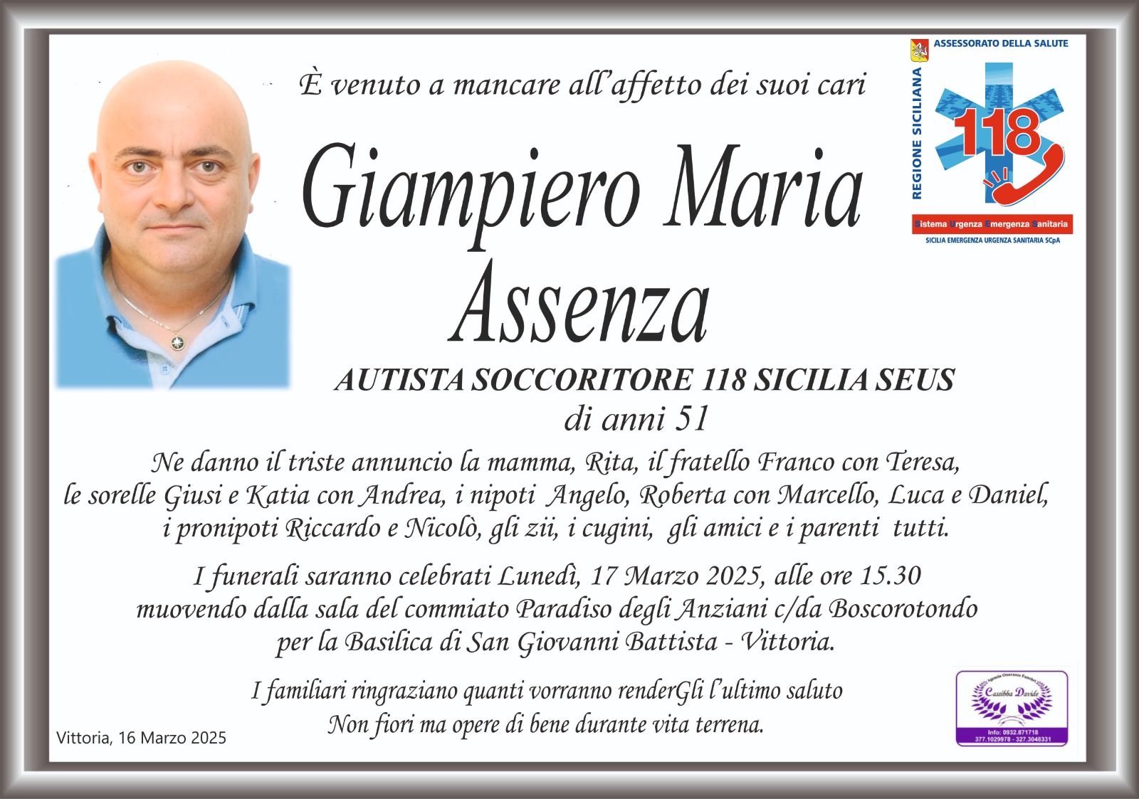 Necrologi: E’ deceduto Giampiero Maria Assenza