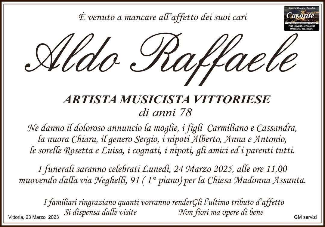 Necrologi: e’ deceduto Aldo Raffaele