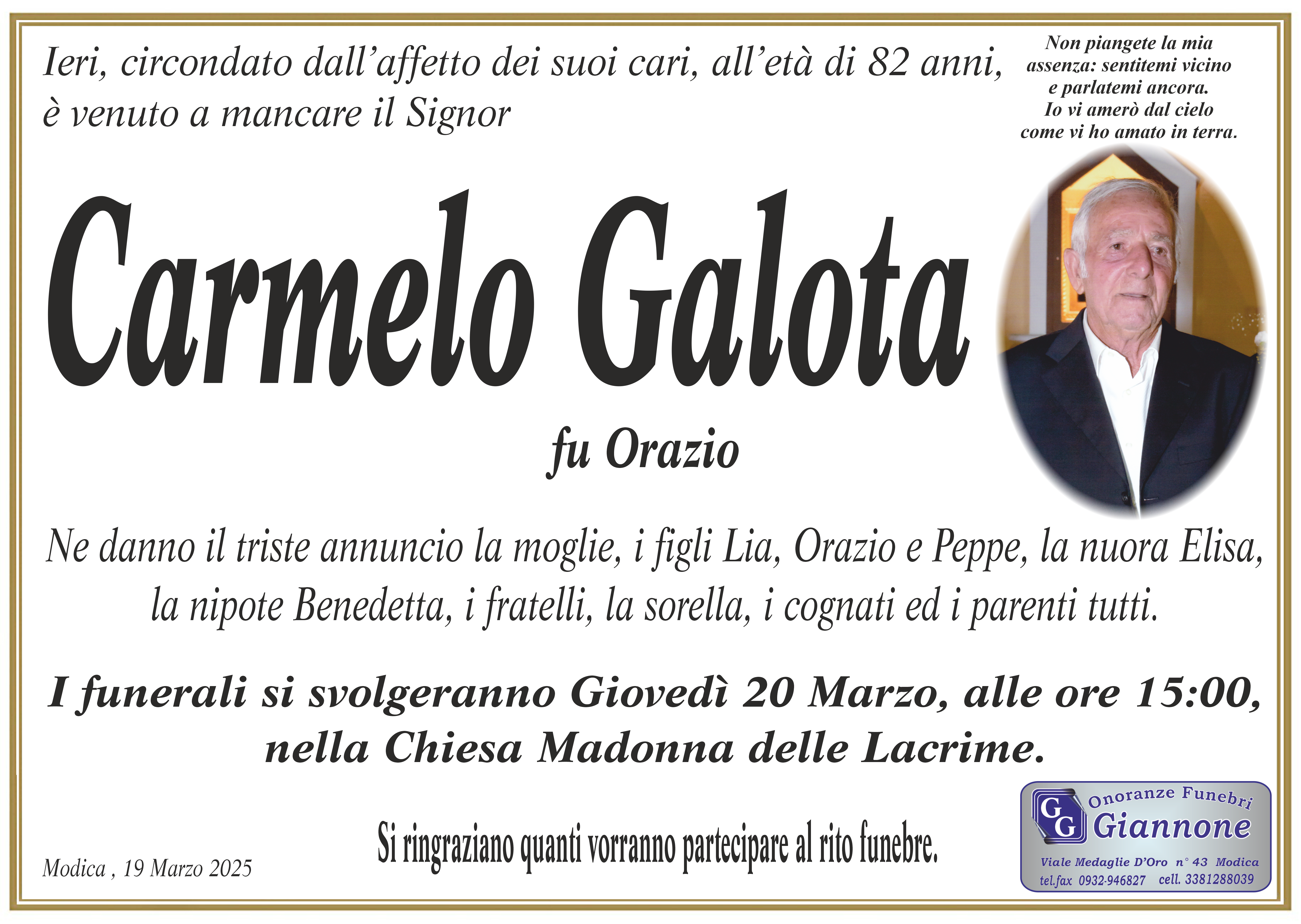 Necrologi: E’ deceduto Carmelo Galota