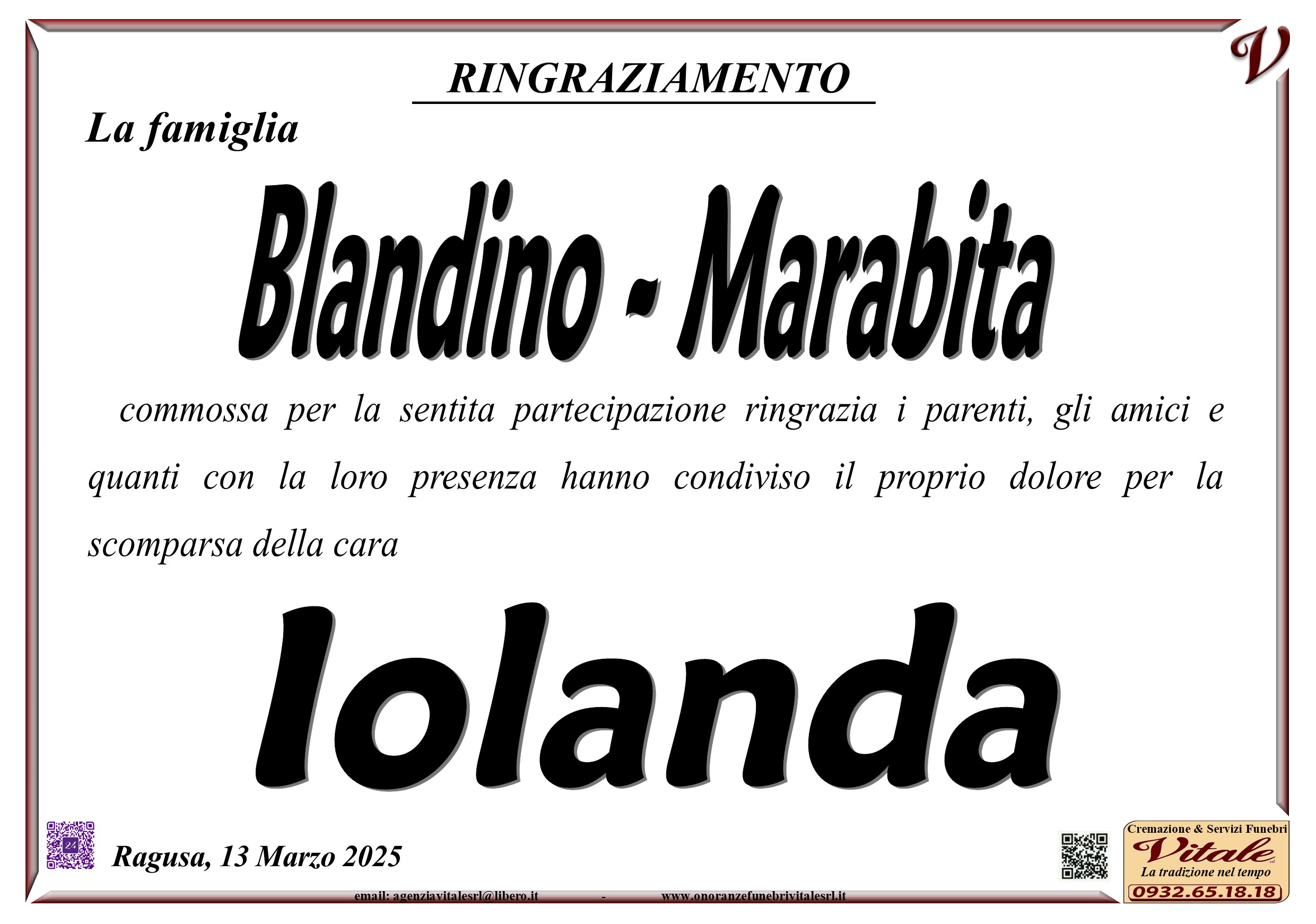 Ringraziamento: famiglia Blandino-Marabita