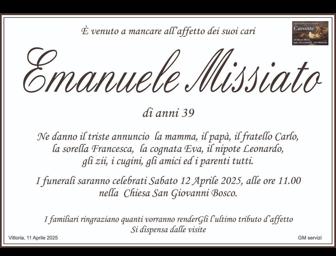 Necrologi: è deceduto Emanuele Missiato