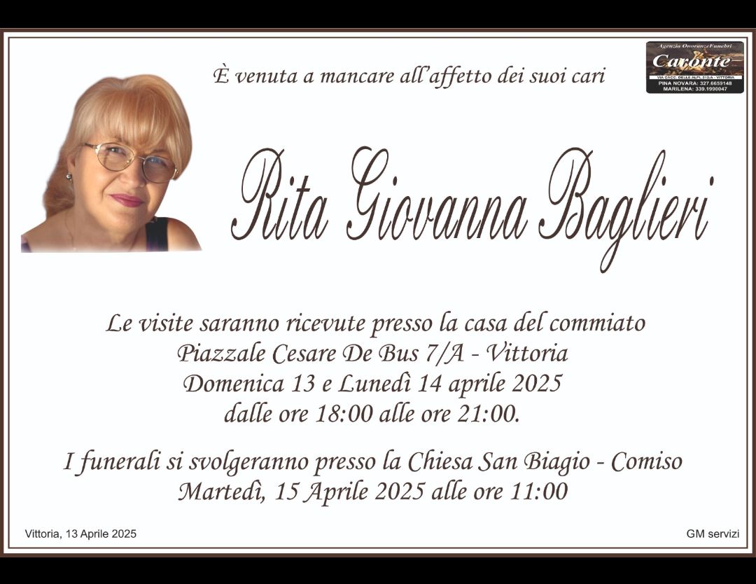 Necrologi: E’ deceduta Rita Giovanna Baglieri