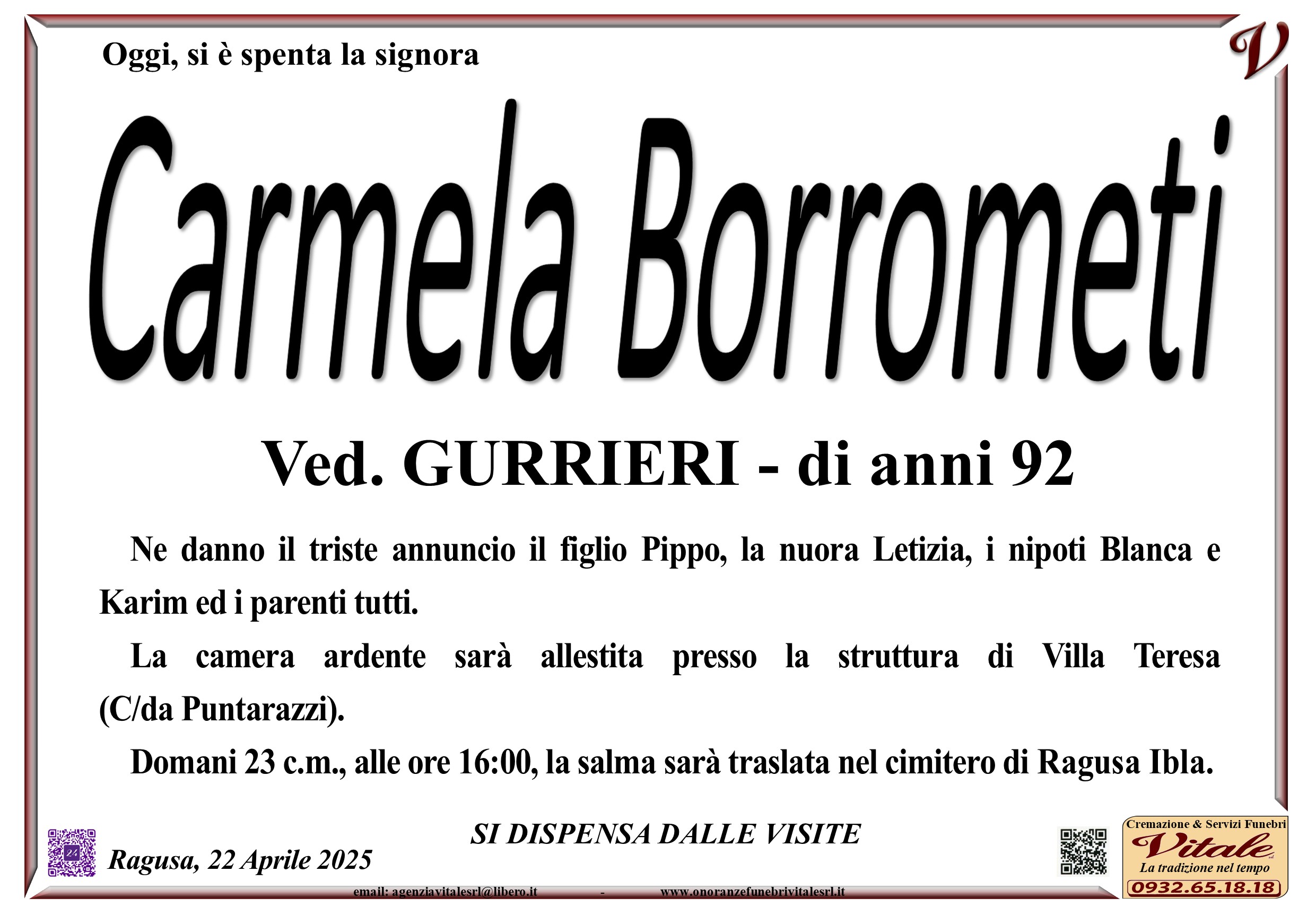 Necrologi: Carmela Borrometi