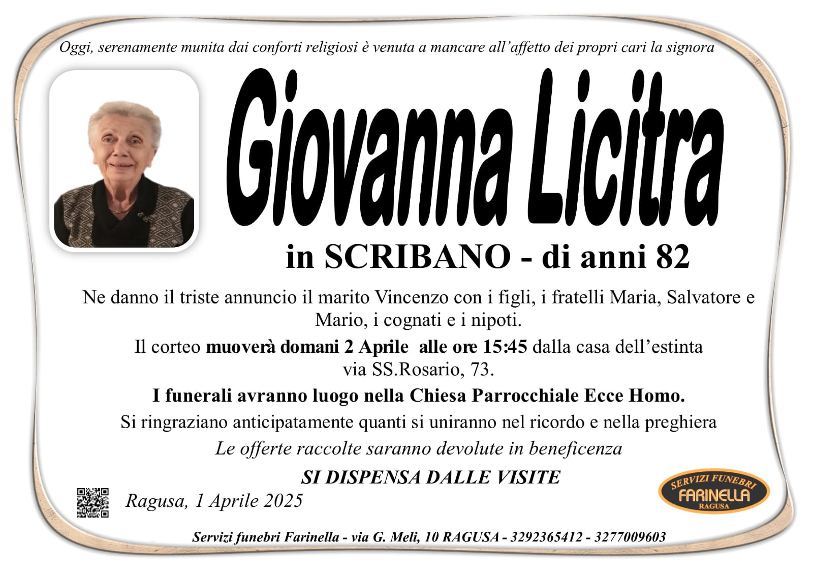 Necrologi: E’ deceduta Giovanna Licitra
