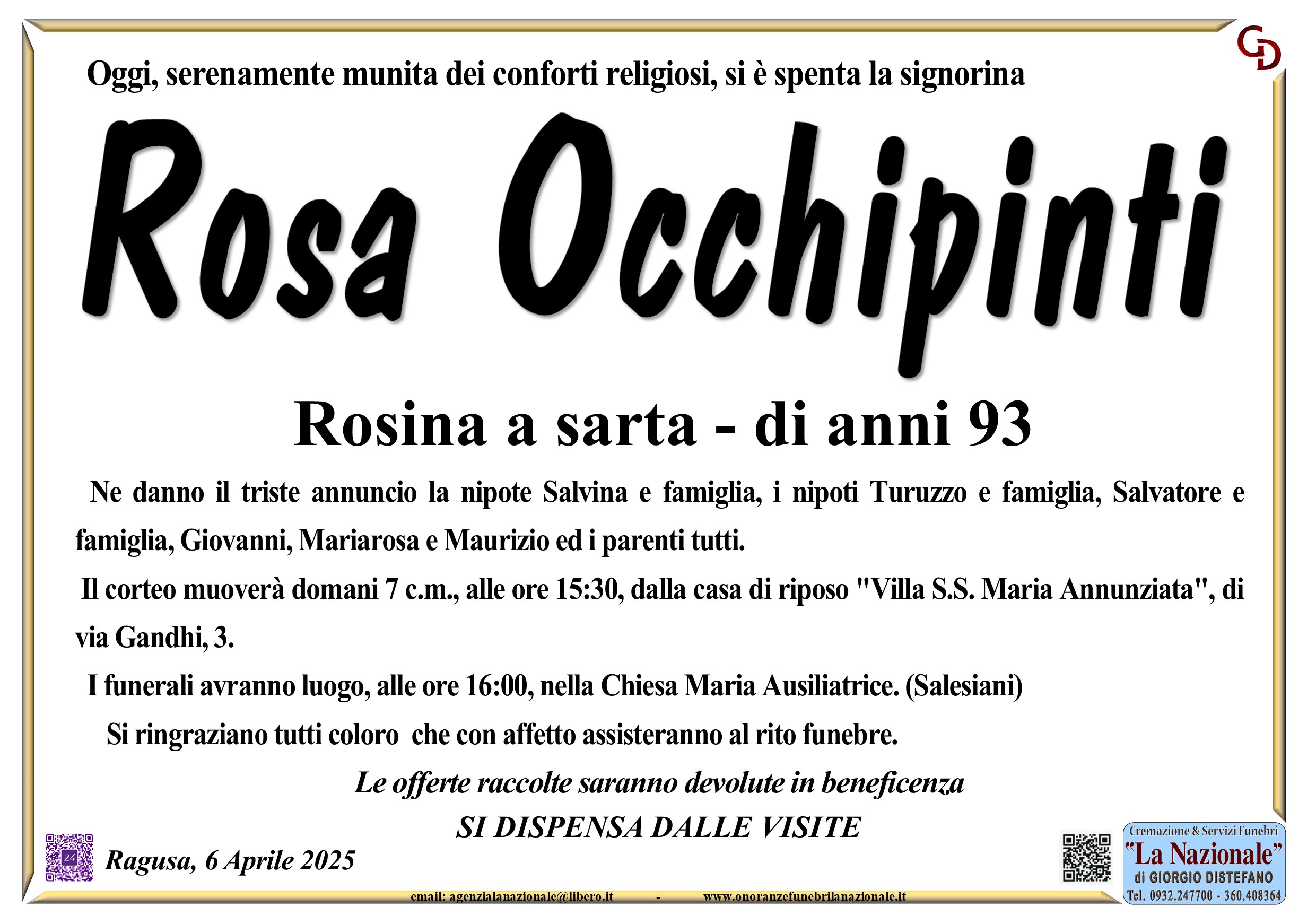 Necrologi: Rosa Occhipinti