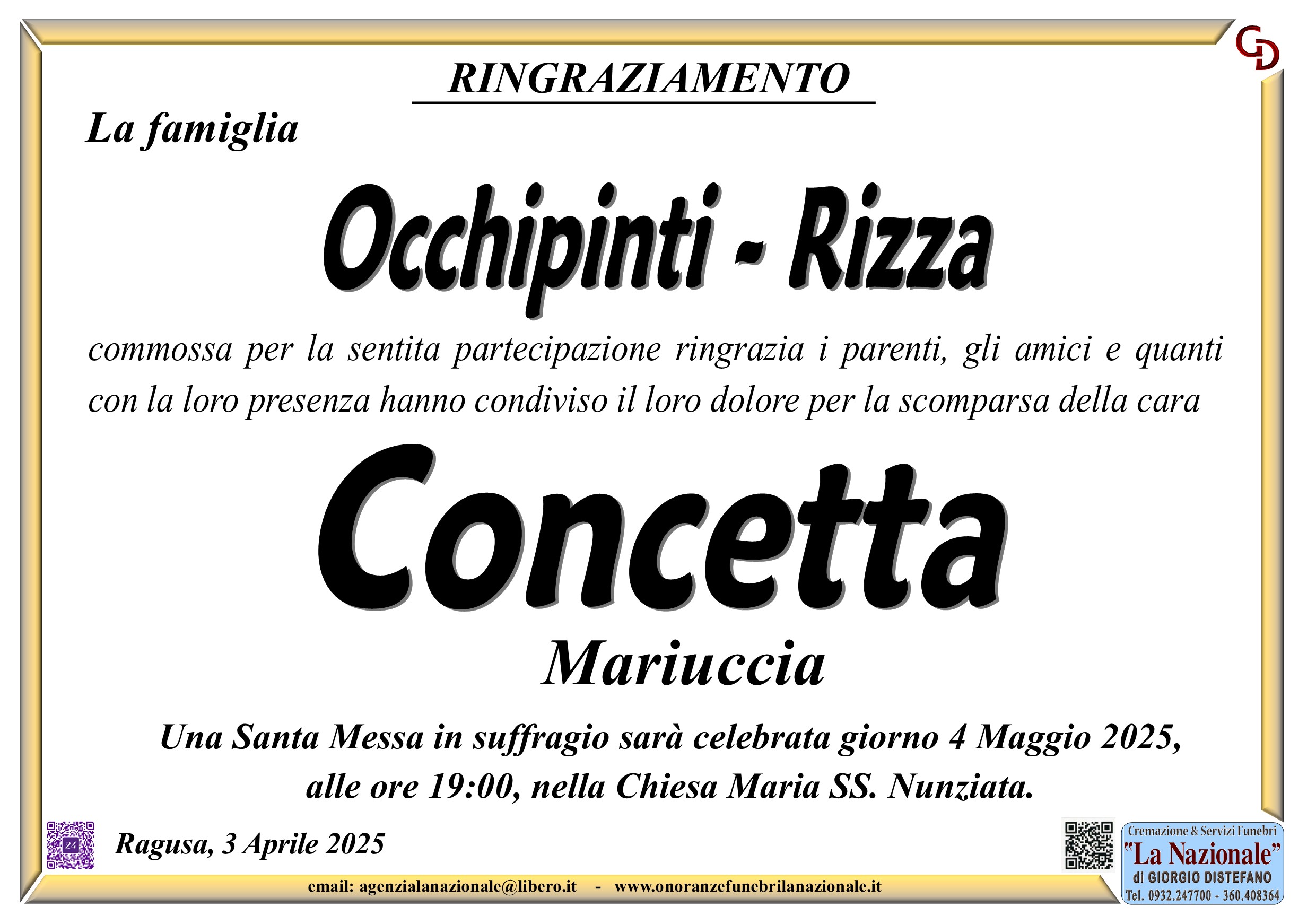 Ringraziamento: famiglia Occhipinti-Rizza