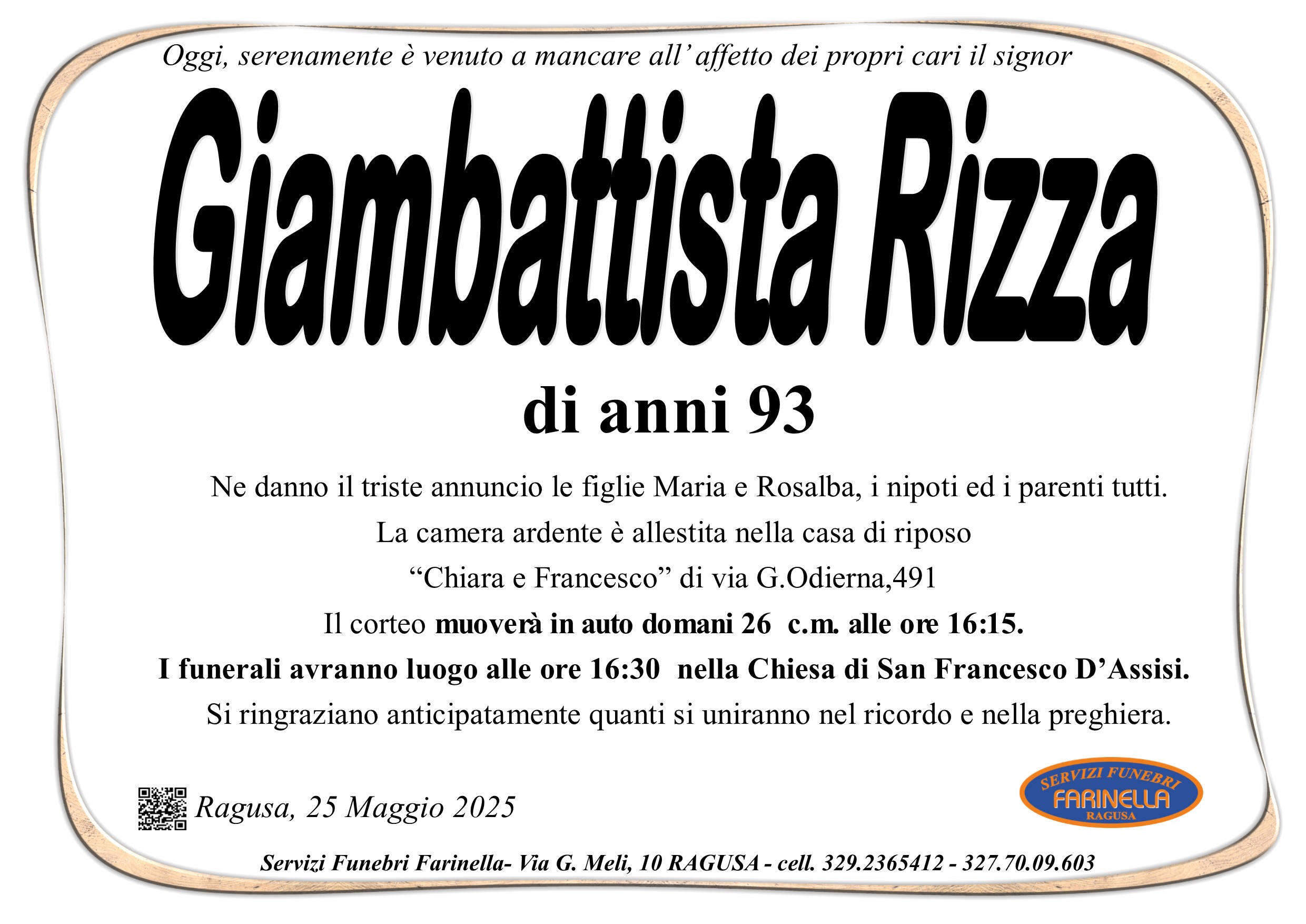 Necrologi: E’ deceduto Giambattista Rizza