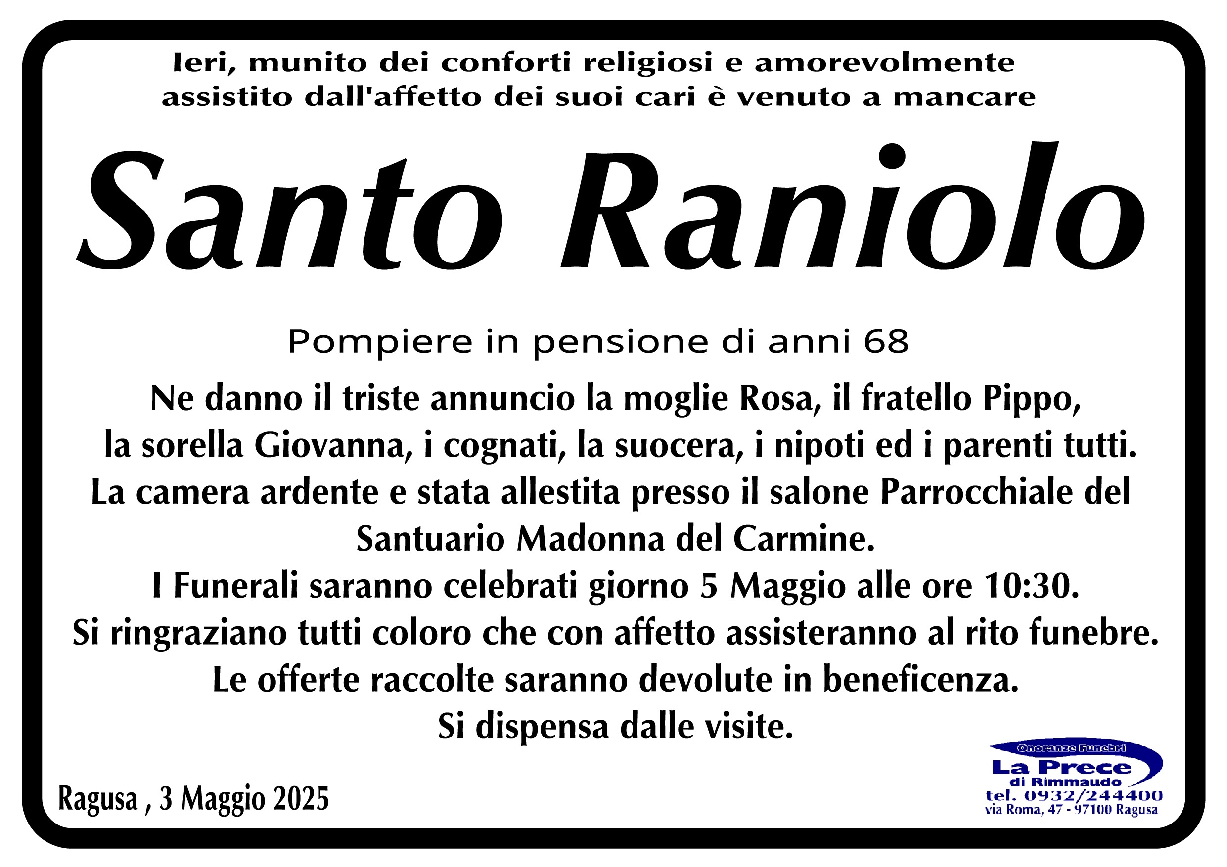 Necrologi: Santo Raniolo