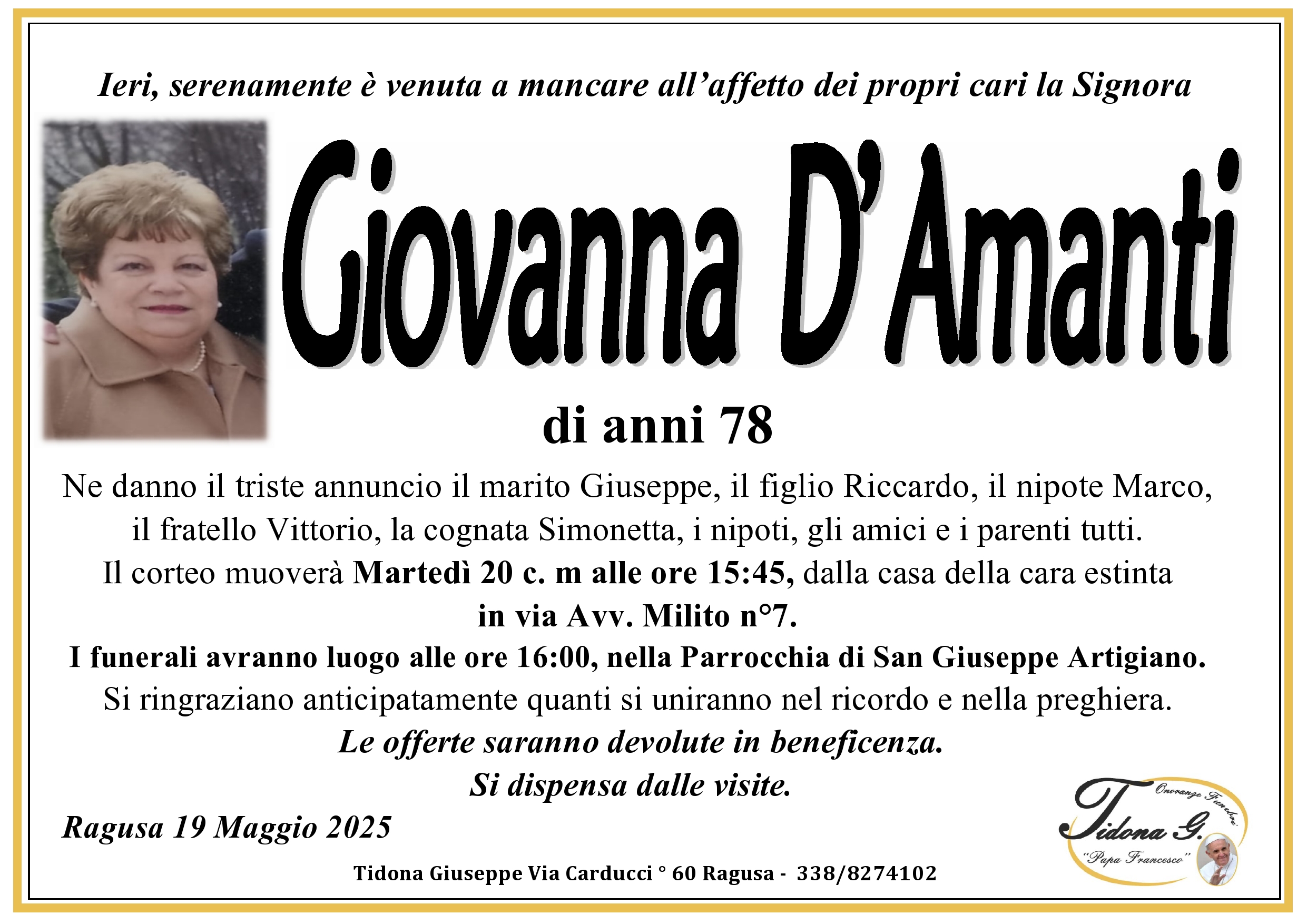 Necrologi: Giovanna D’Amanti