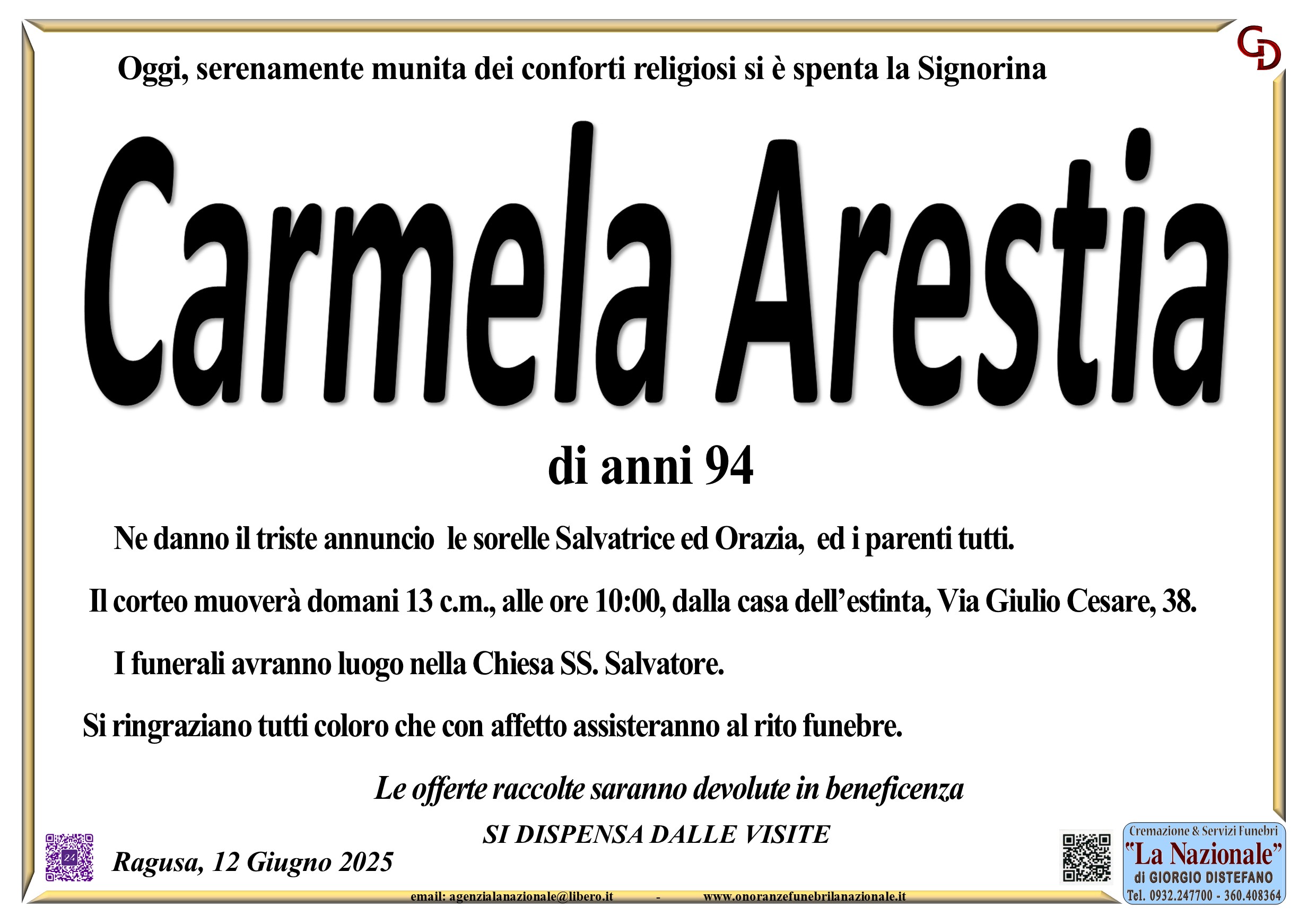 Necrologi: Carmela Arestia