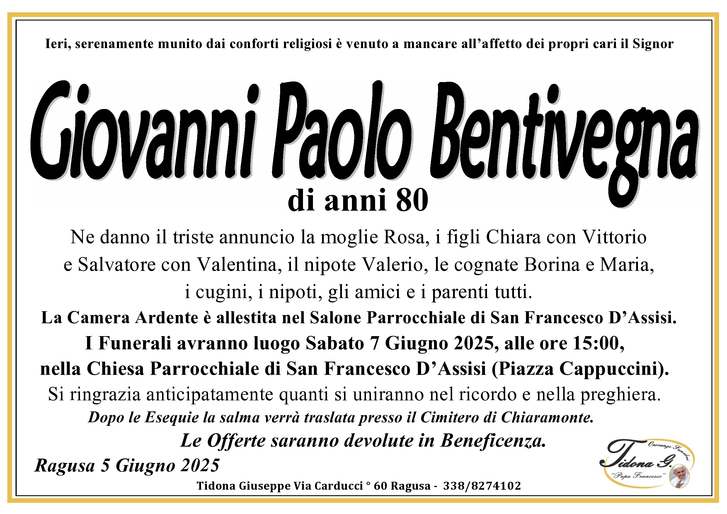 Necrologi: Giovanni Paolo Bentivegna