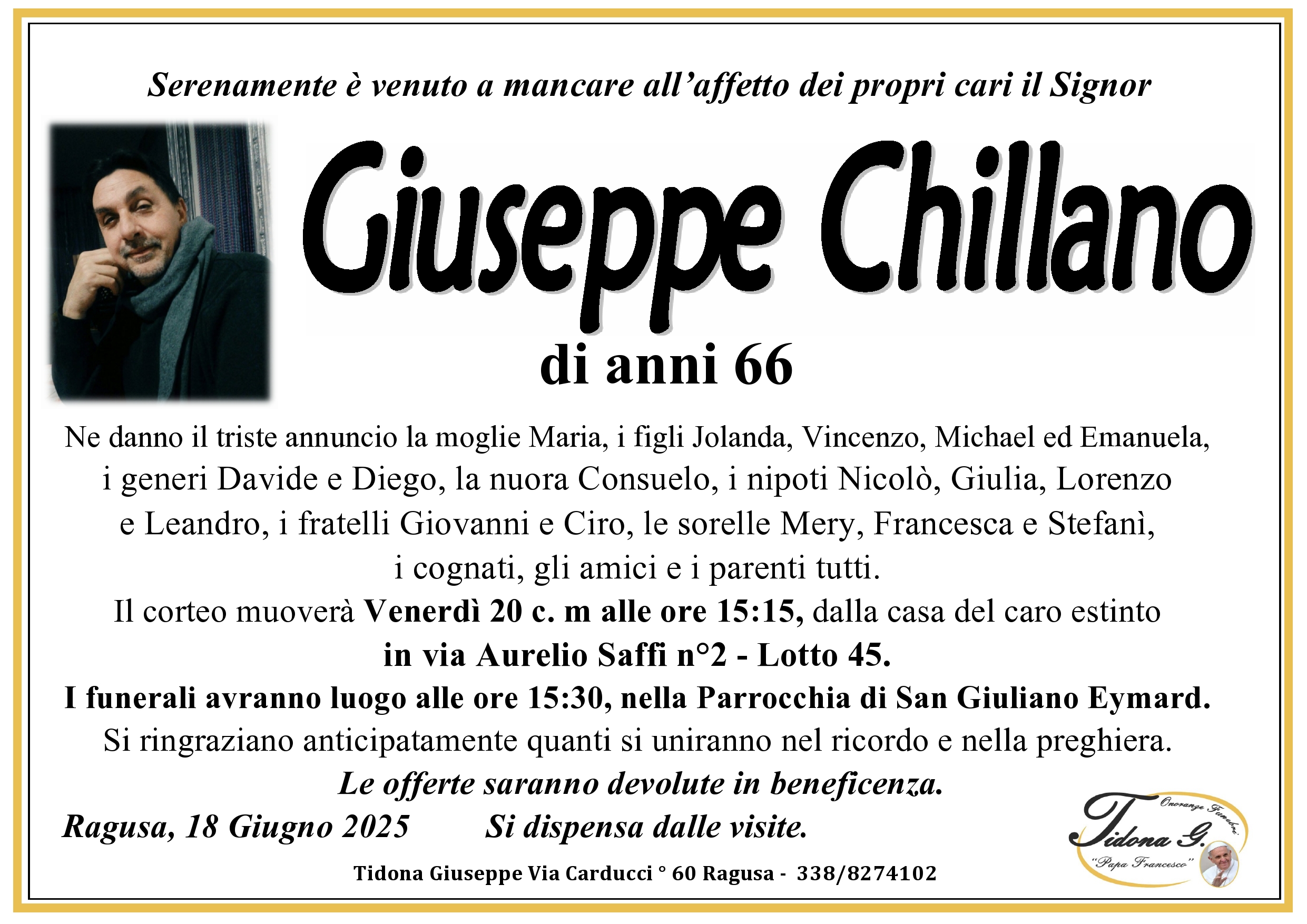 E’ deceduto Giuseppe Chillano