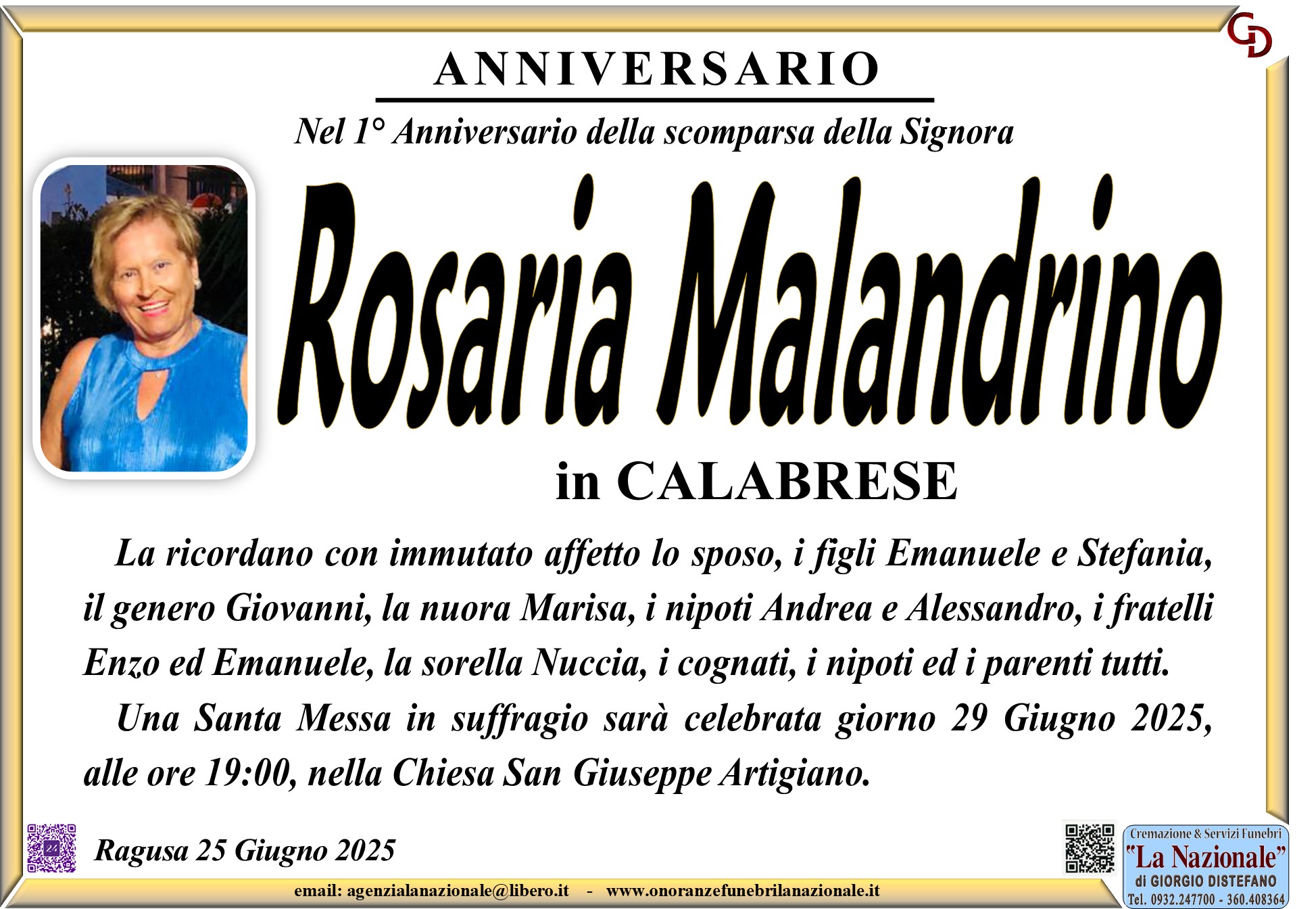 Anniversario: Rosaria Malandrino