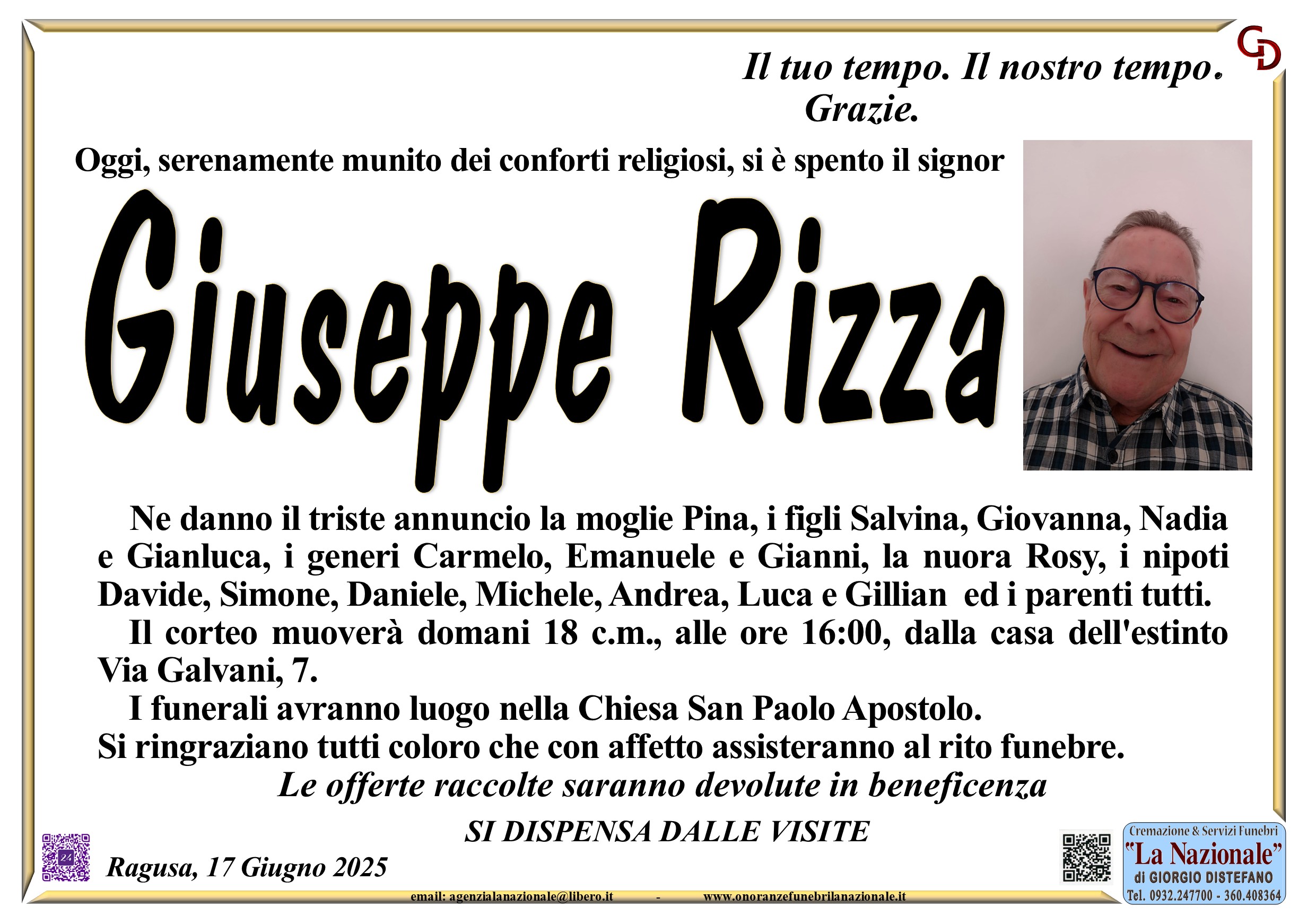 E’ deceduto Giuseppe Rizza