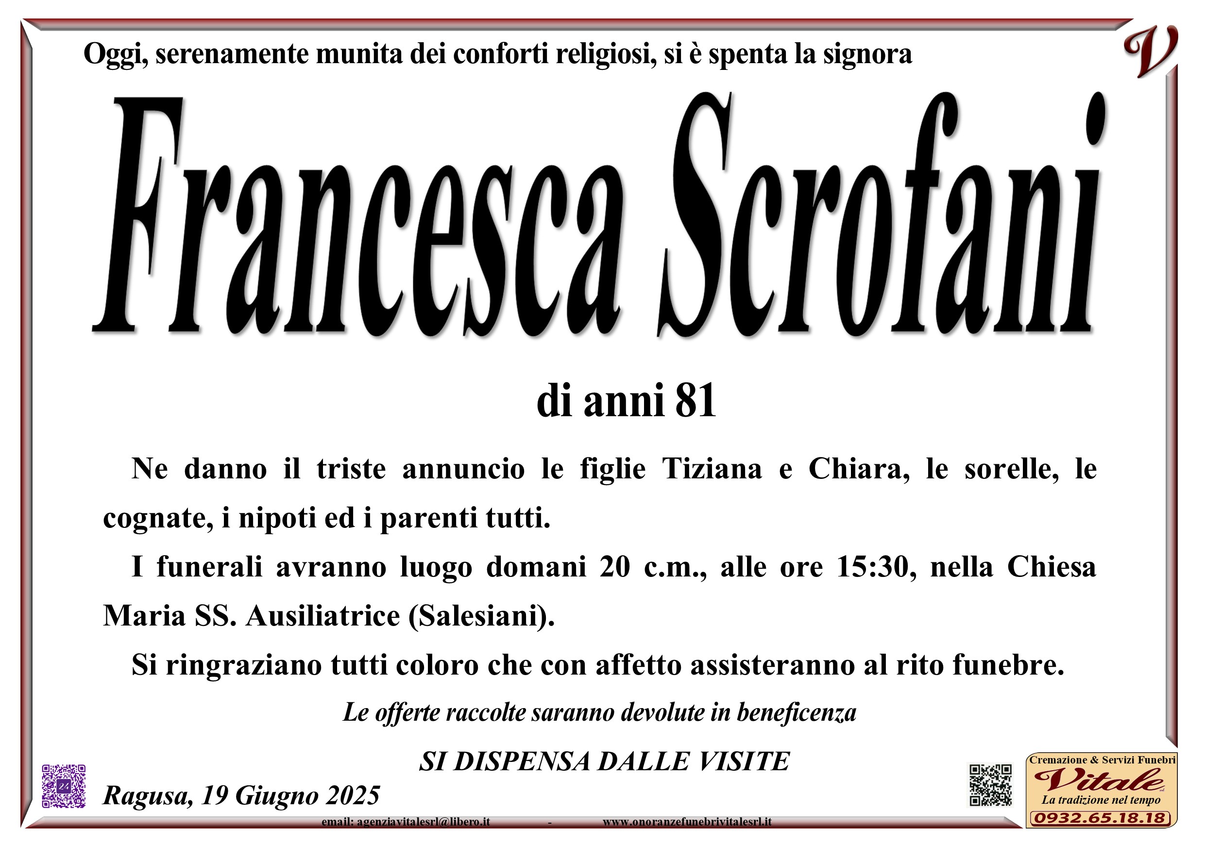Necrologi: E’ deceduta Francesca Scrofani