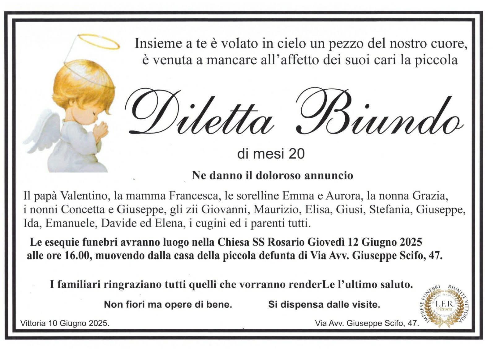 E’ deceduta la piccola Diletta Biundo