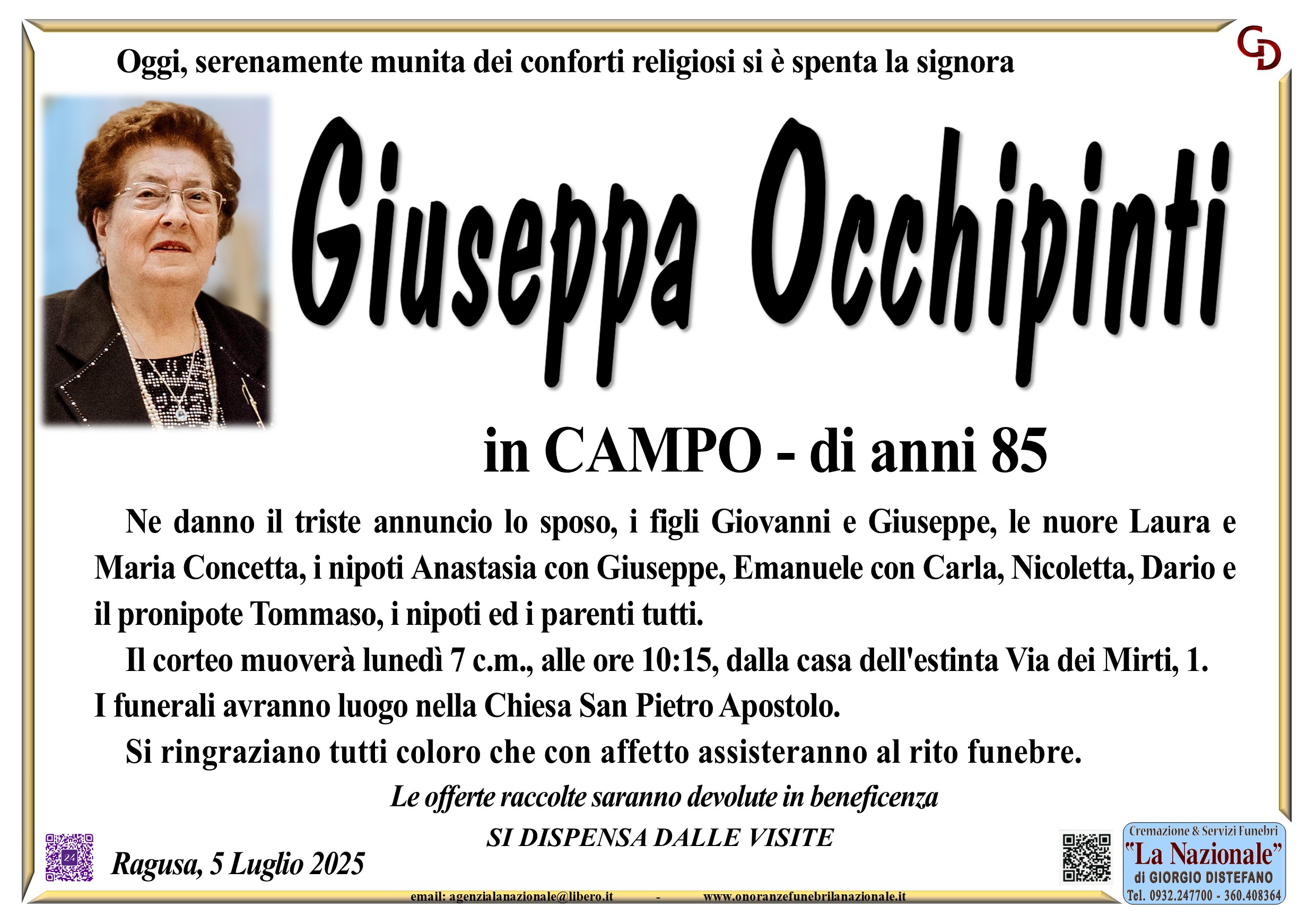 Necrologi: Giuseppa Occhipinti