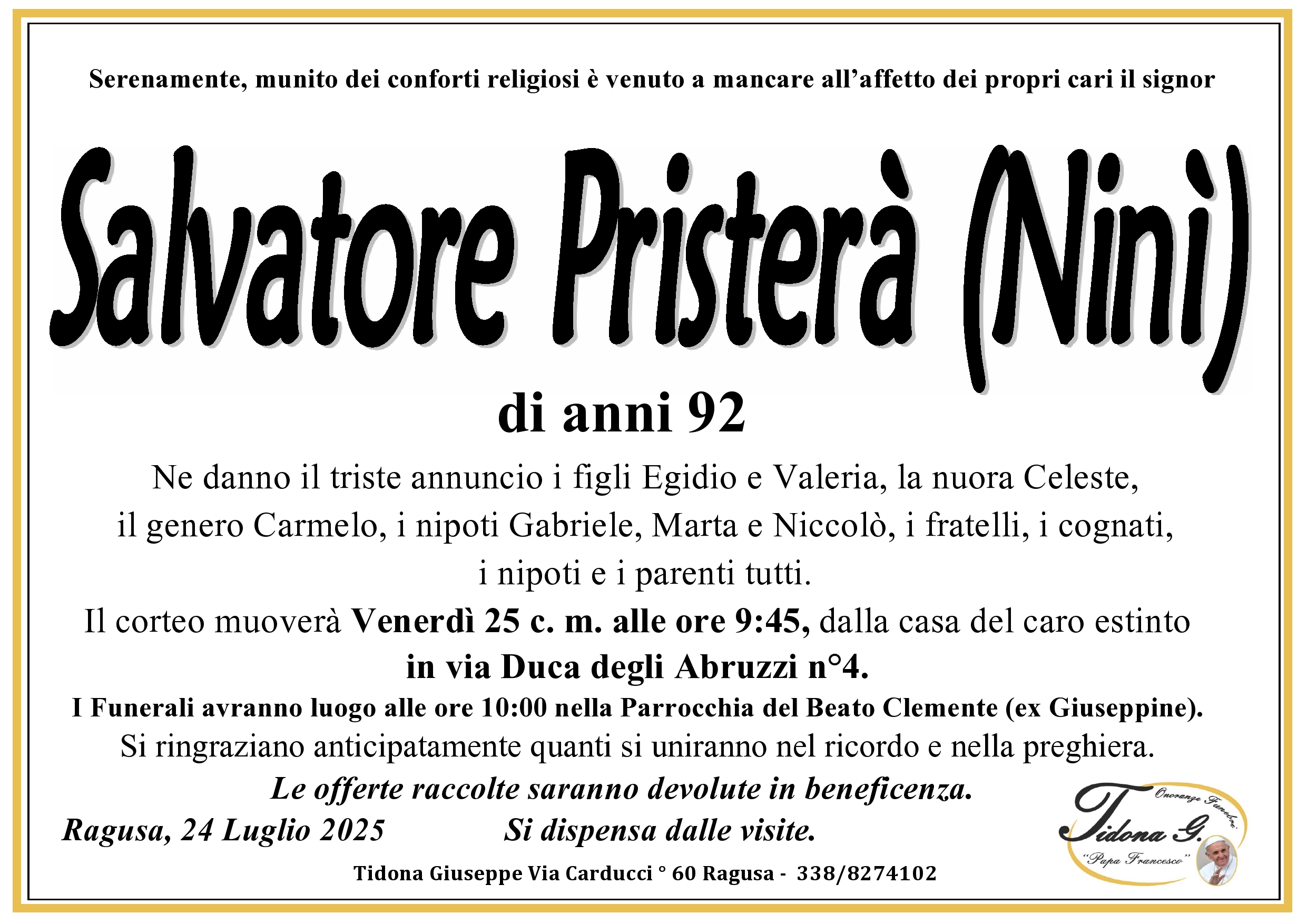 Necrologi: Salvatore Pristerà