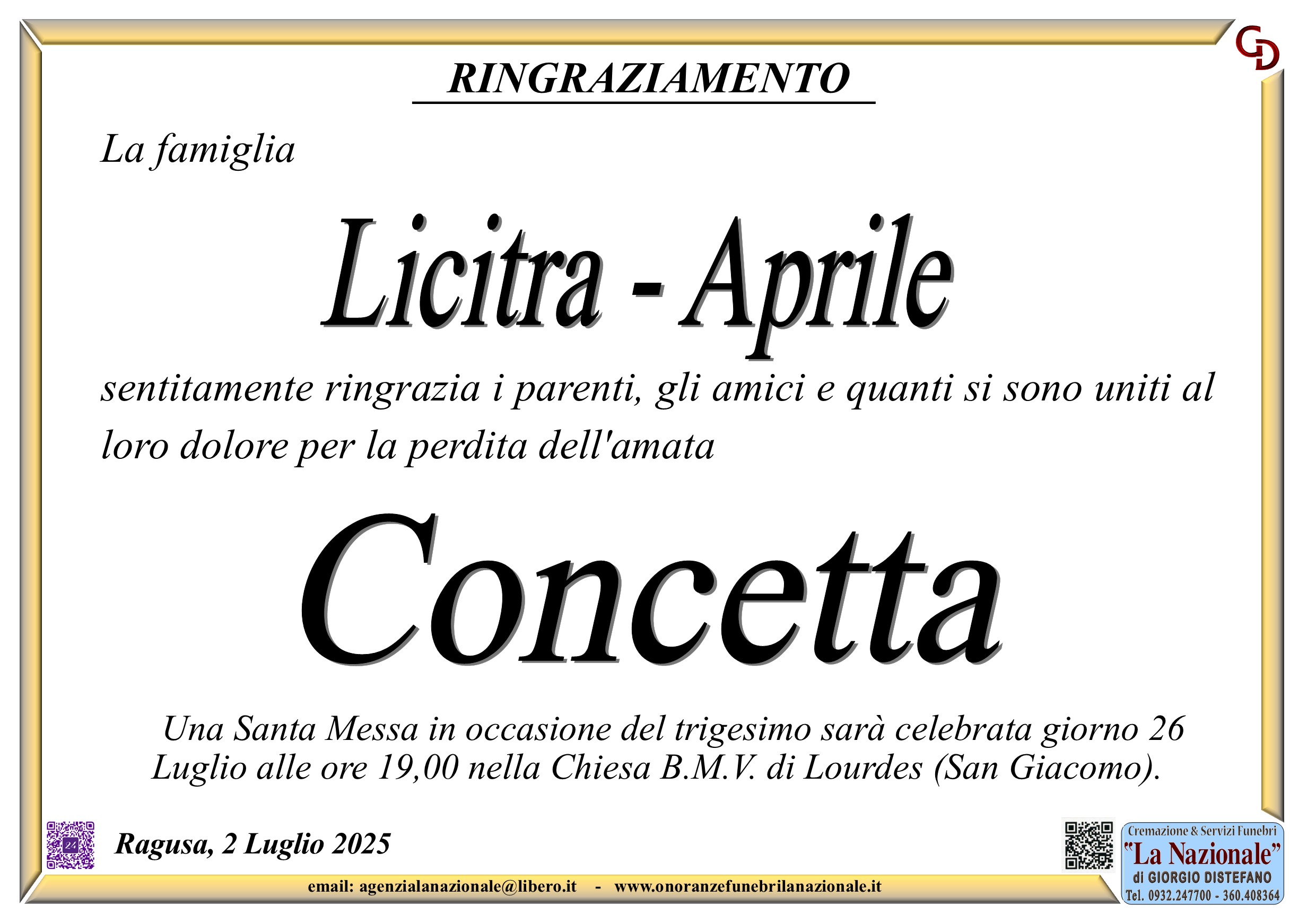 Ringraziamento: famiglia Licitra-Aprile