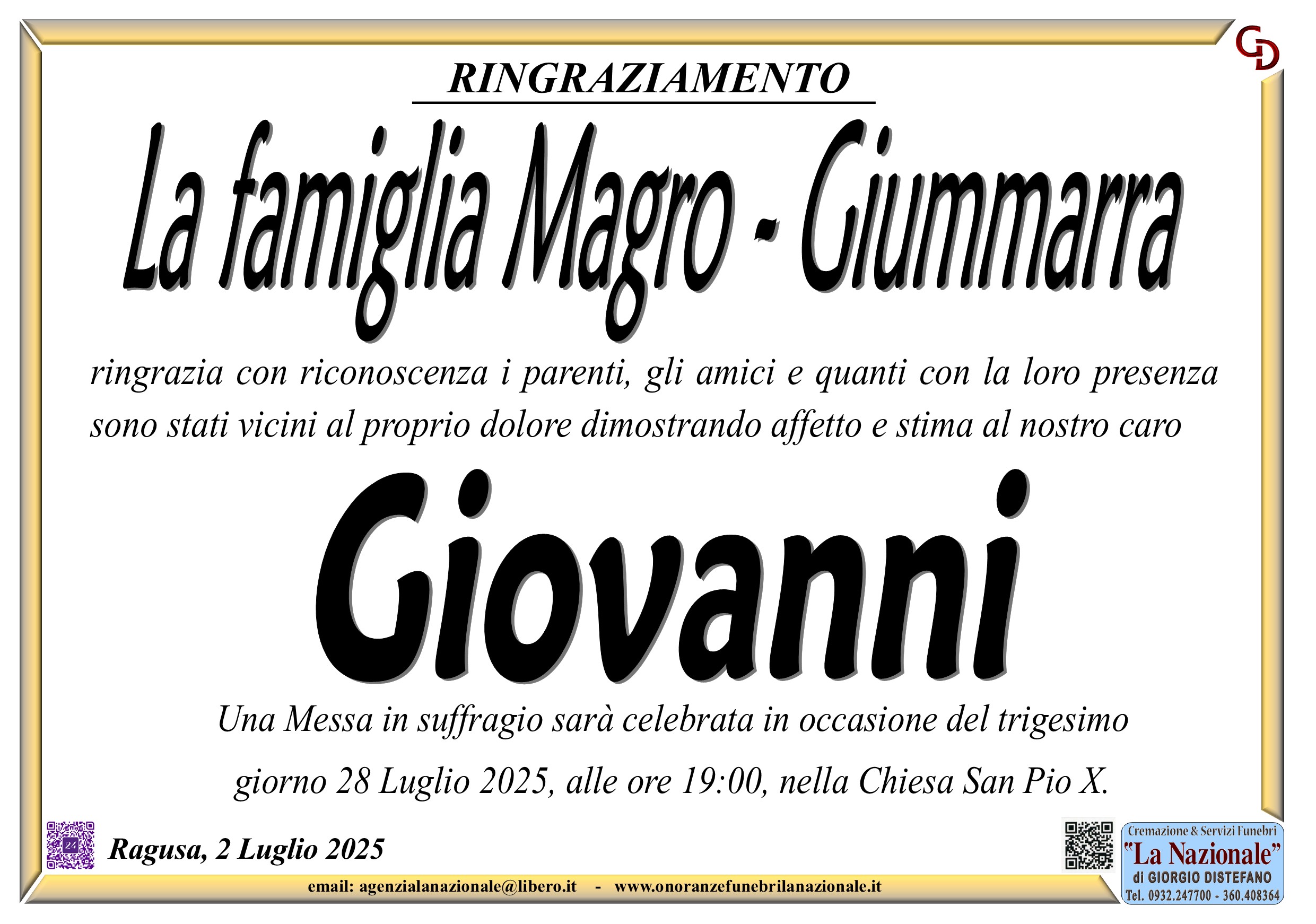 Ringraziamento: famiglia Magro-Giummarra