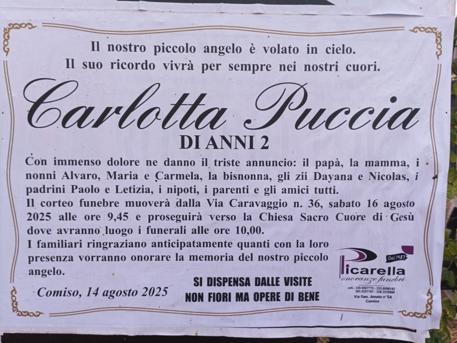 L’addio di Comiso a Carlotta Puccia, 2 anni. Proclamato lutto cittadino
