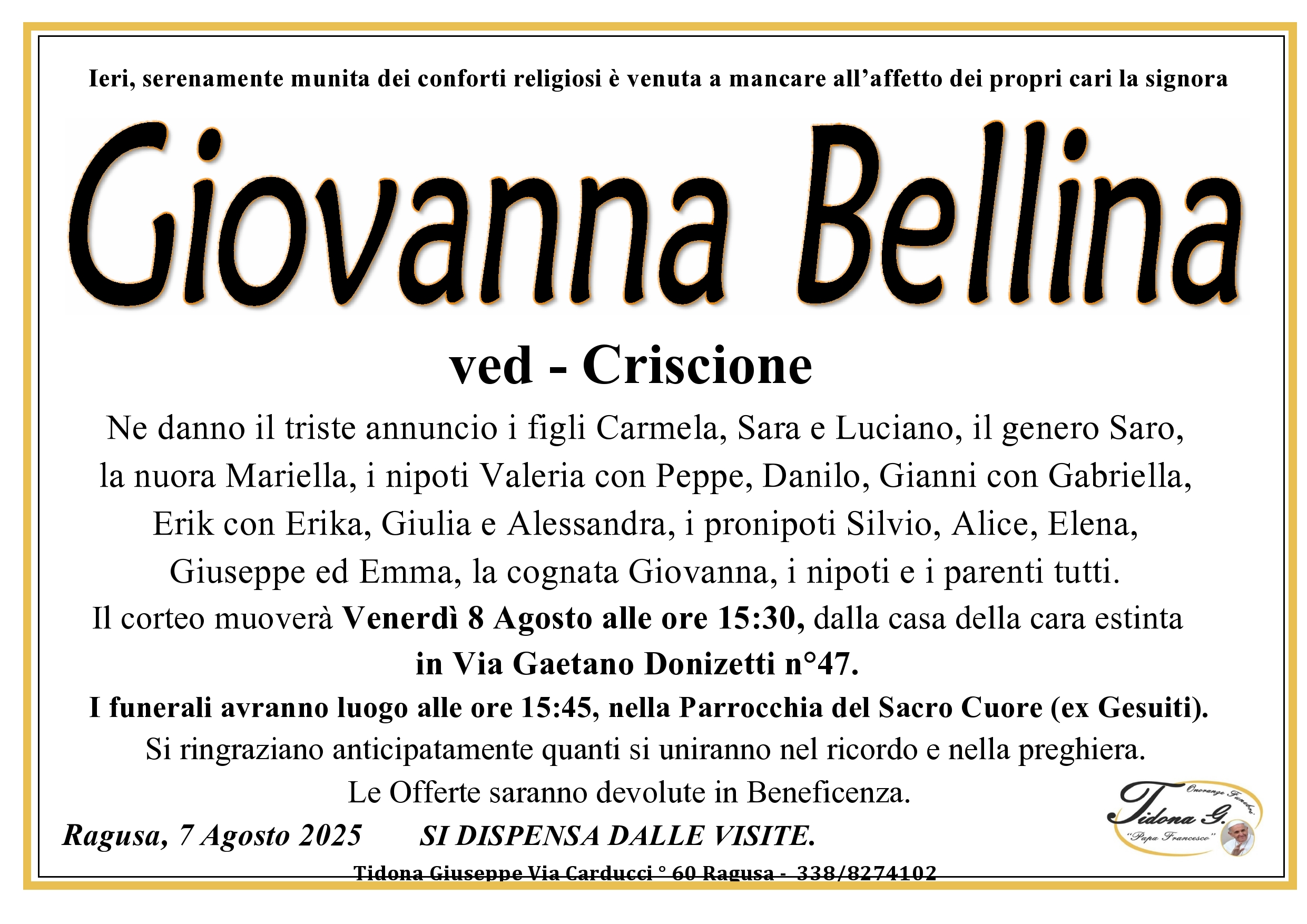 Necrologi: Giovanna Bellina