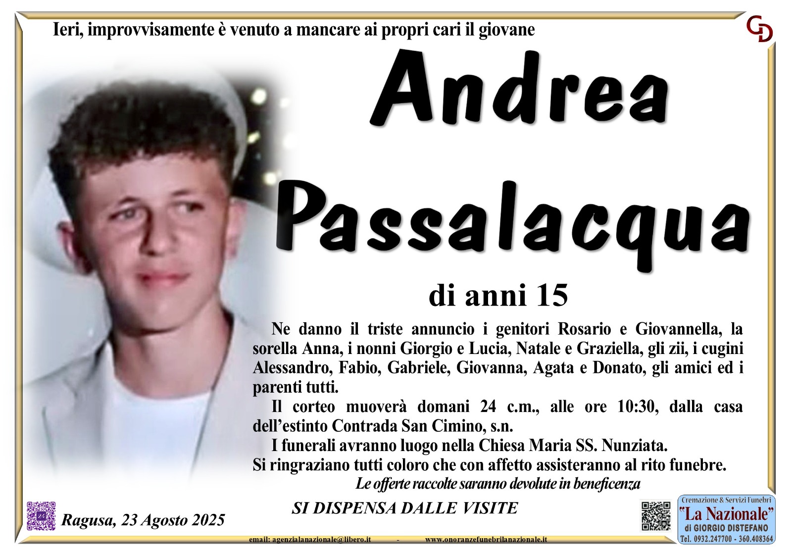 Ragusa, domenica 24 agosto i funerali di Andrea Passalacqua