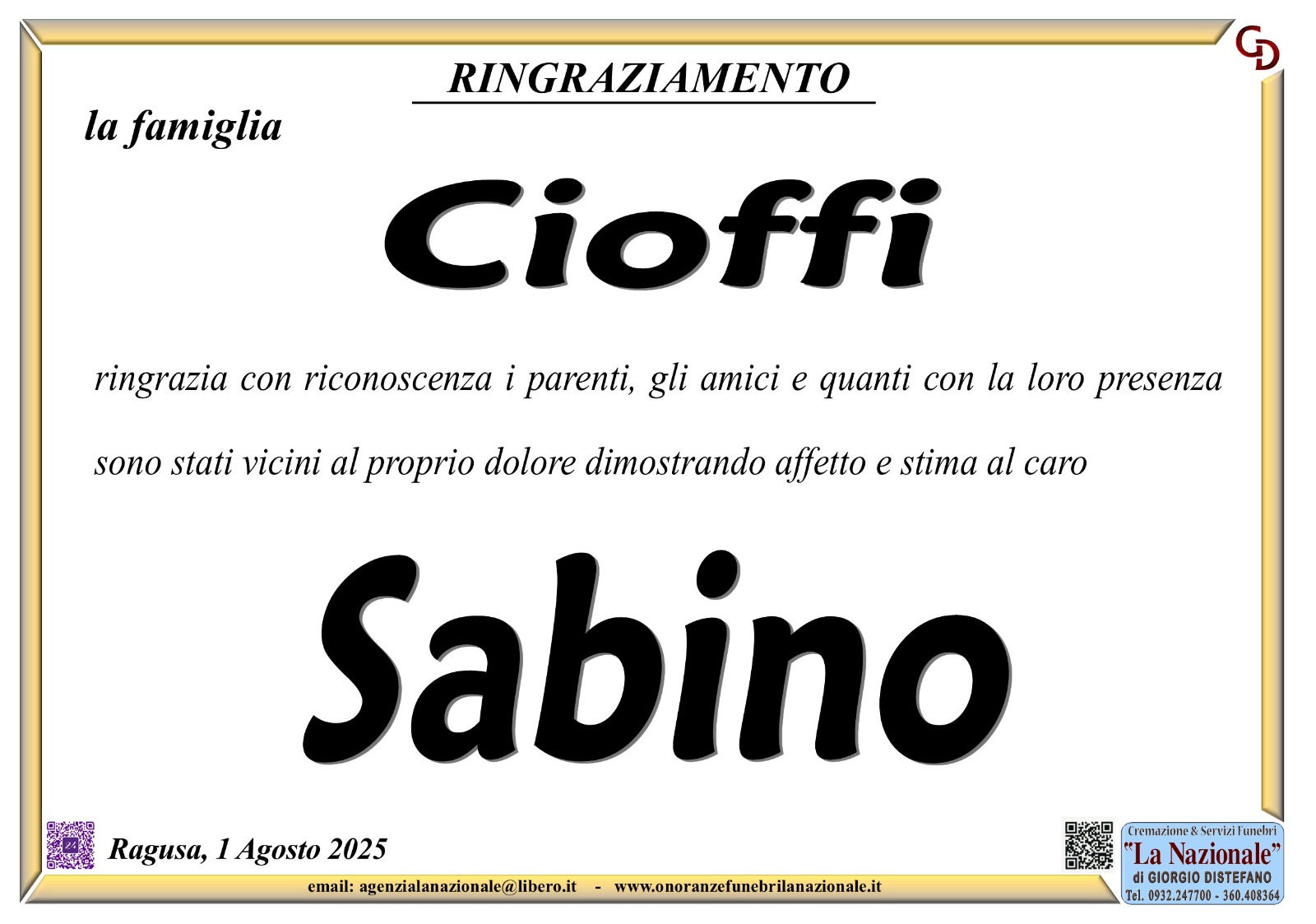Ringraziamento: famiglia Cioffi