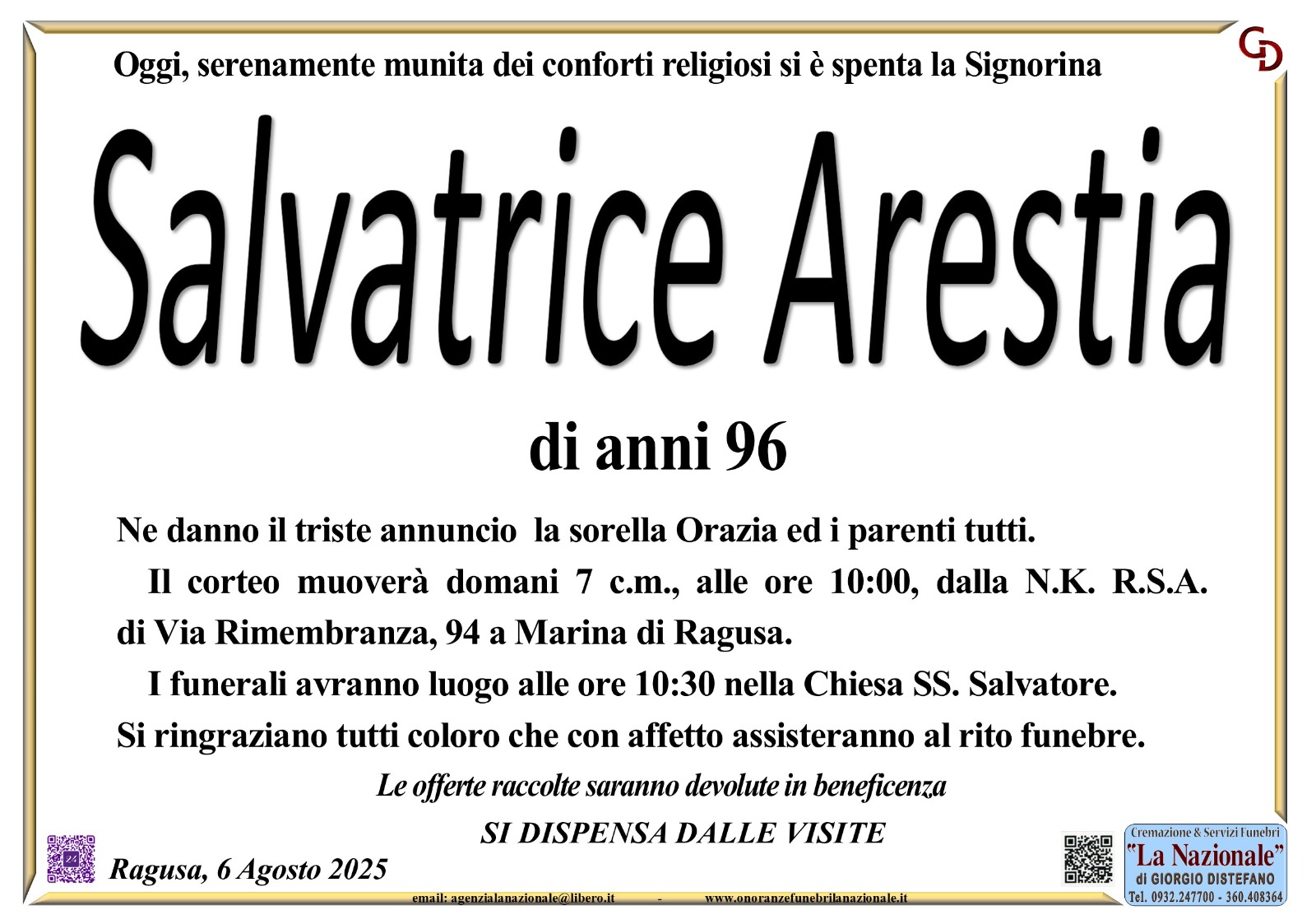 Necrologi: Salvatrice Arestia