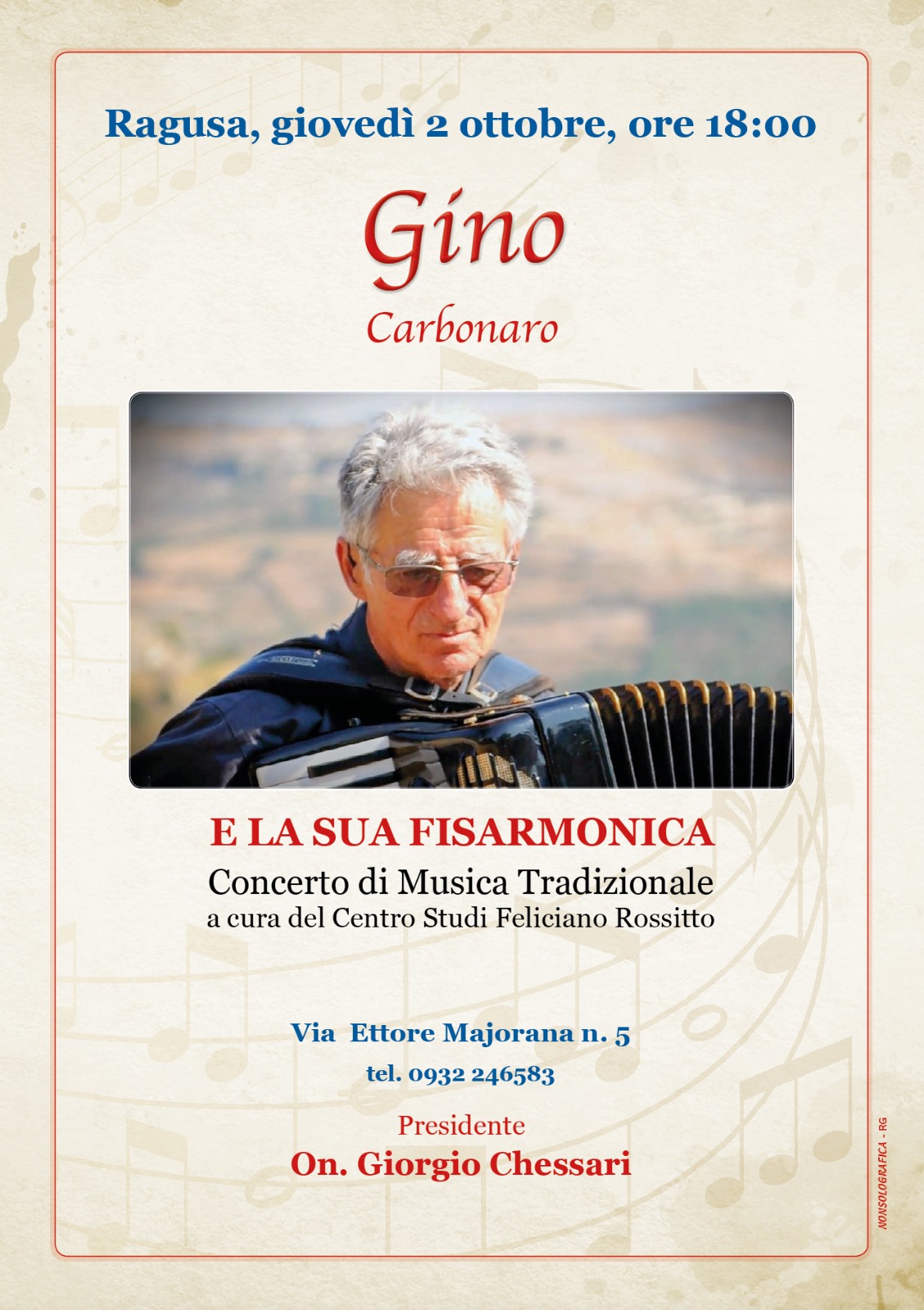 Gino Carbonaro e la sua fisarmonica: concerto al Centro Studi “Feliciano Rossitto” di Ragusa