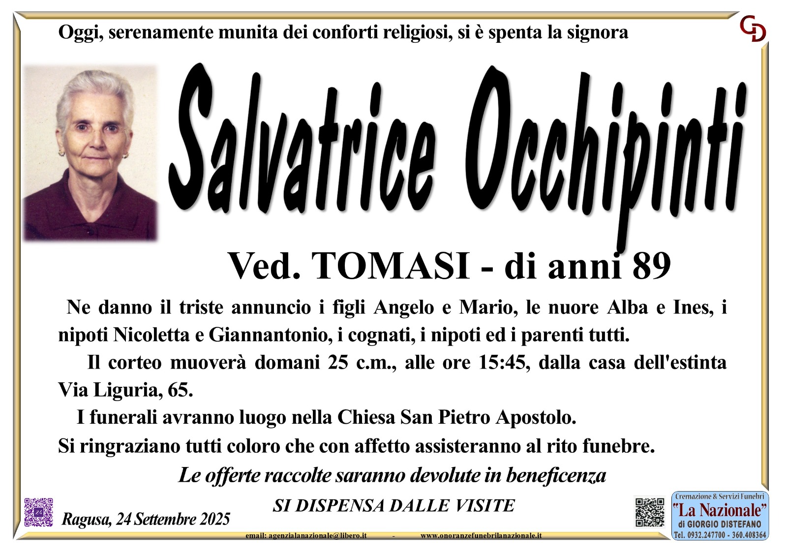 Necrologi: Salvatrice Occhipinti
