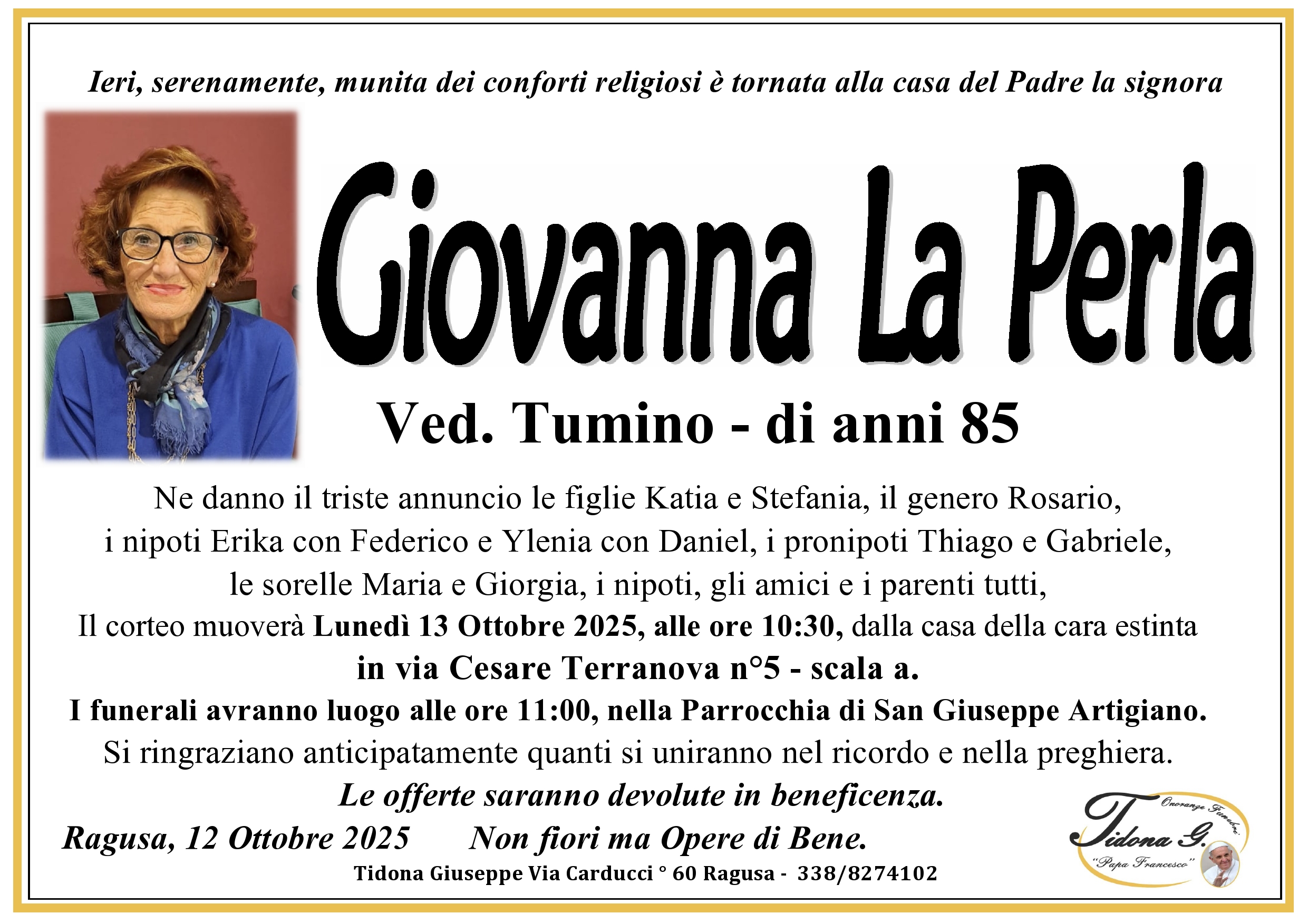 Necrologi: E’ deceduta Giovanna La Perla