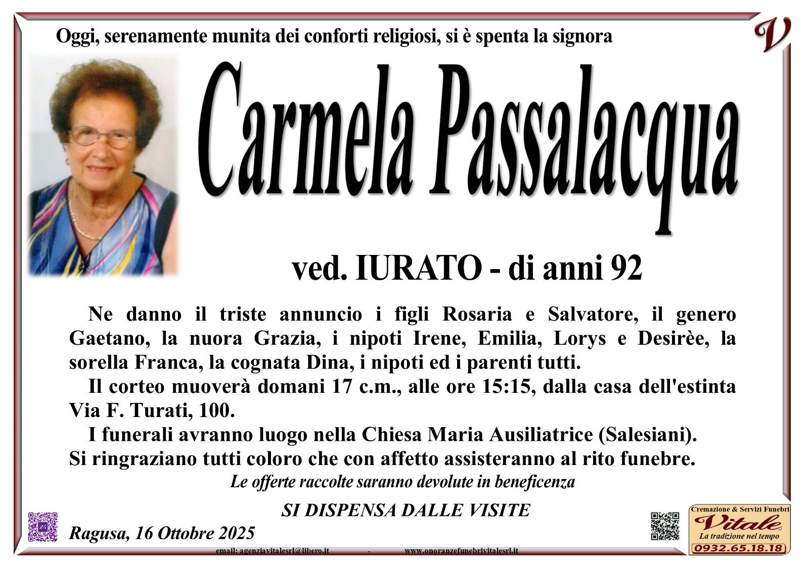 Necrologi: Carmela Passalacqua