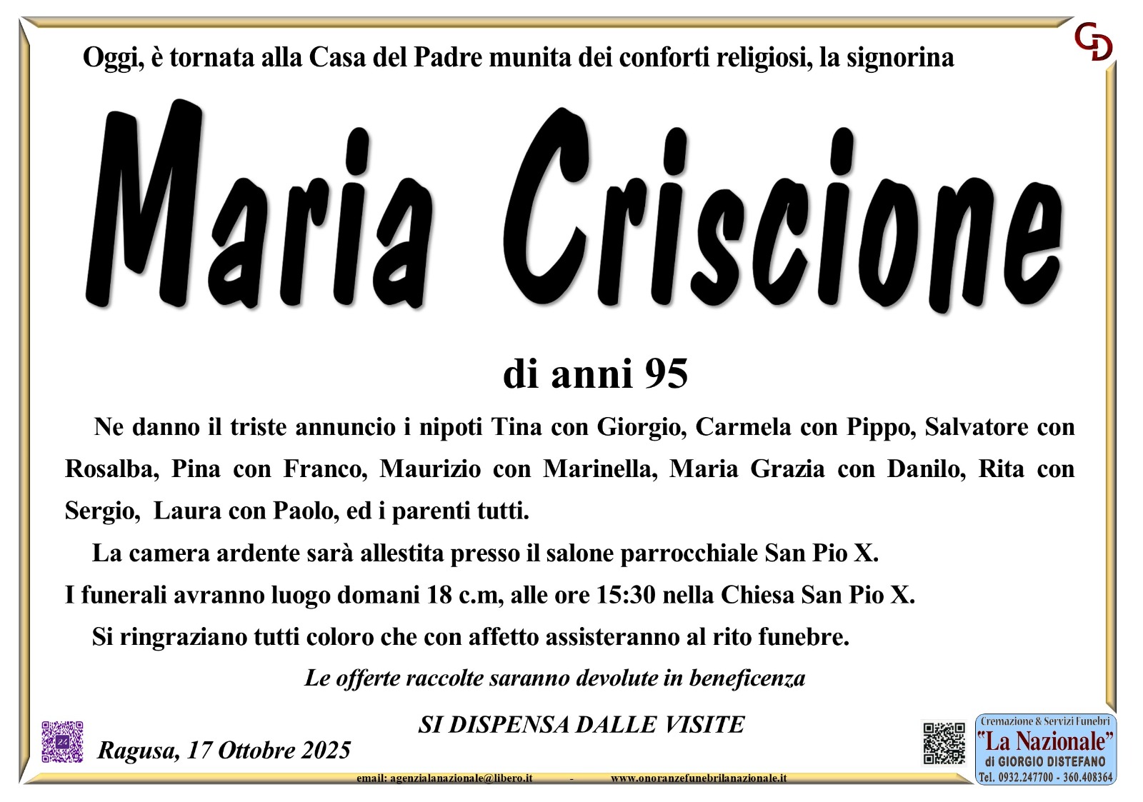 Necrologo: Maria Criscione